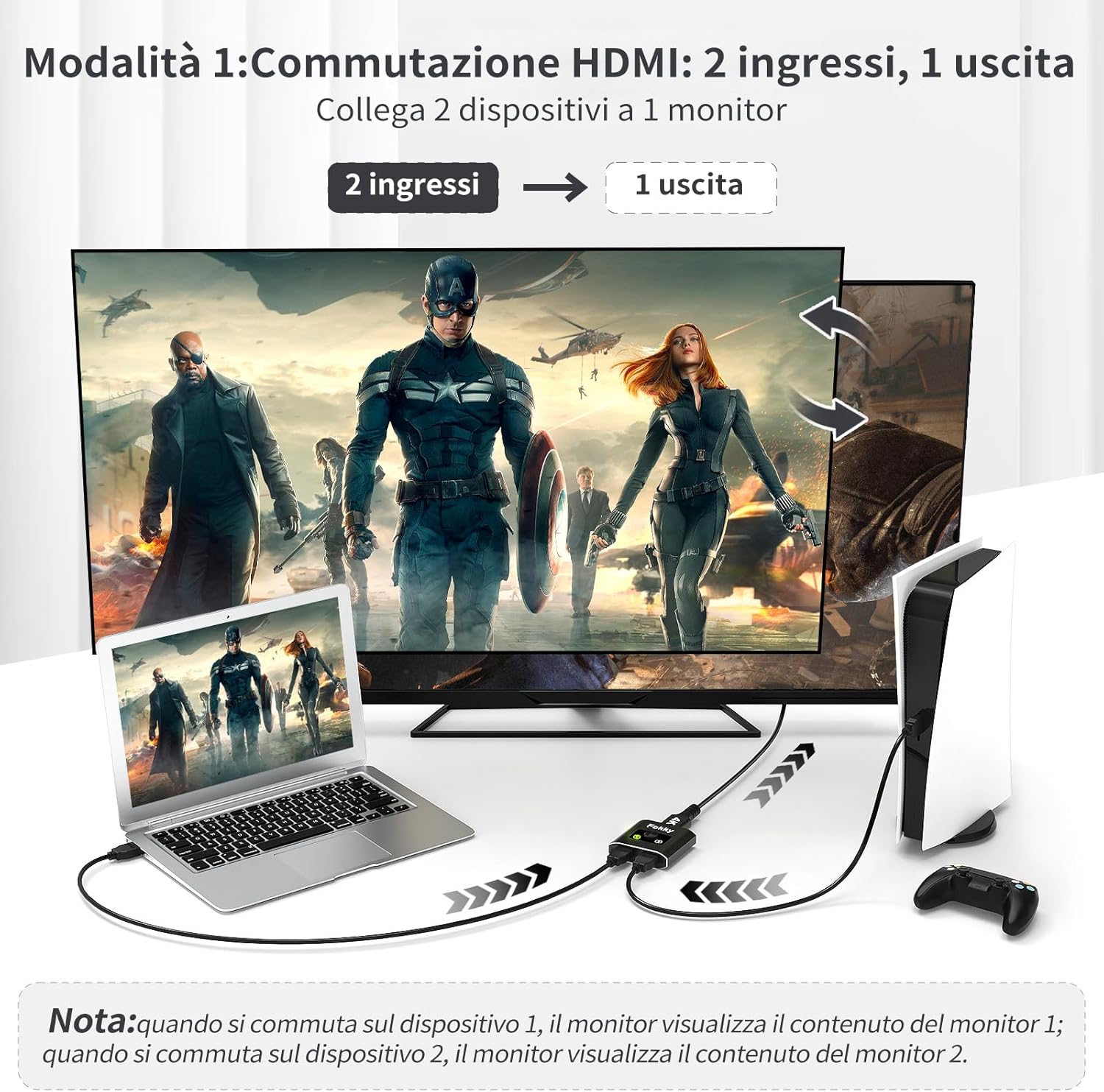Switch HDMI 4K@60Hz Bidirezionale con Cavo 1M, Nero - immagine 3