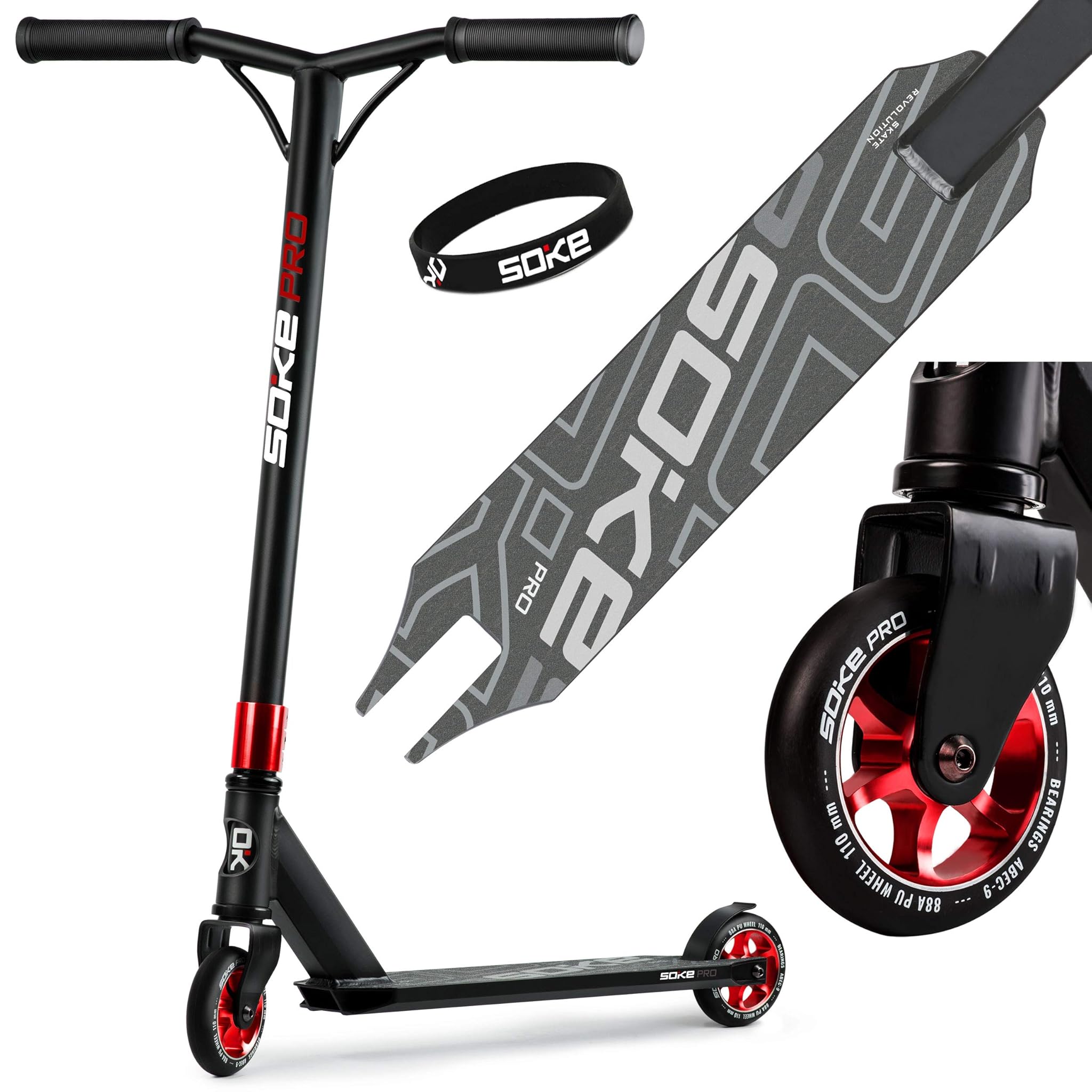 Soke Stunt Scooter PRO con Cuscinetti ABEC 9, Nero-Rosso