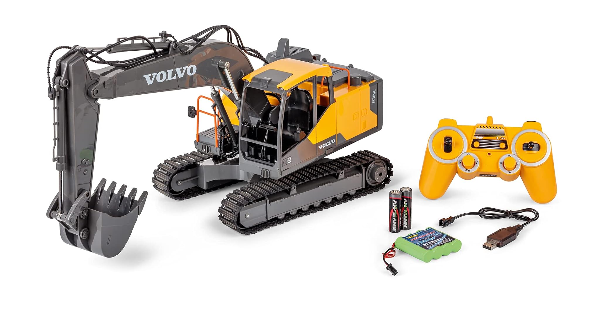 Carson 500907339 Escavatore cingolato Volvo 1:16 - veicolo da costruzione telecomandato per bambini dagli 8 anni in su, escavatore RC con funzioni, batterie e telecomando inclusi, giallo