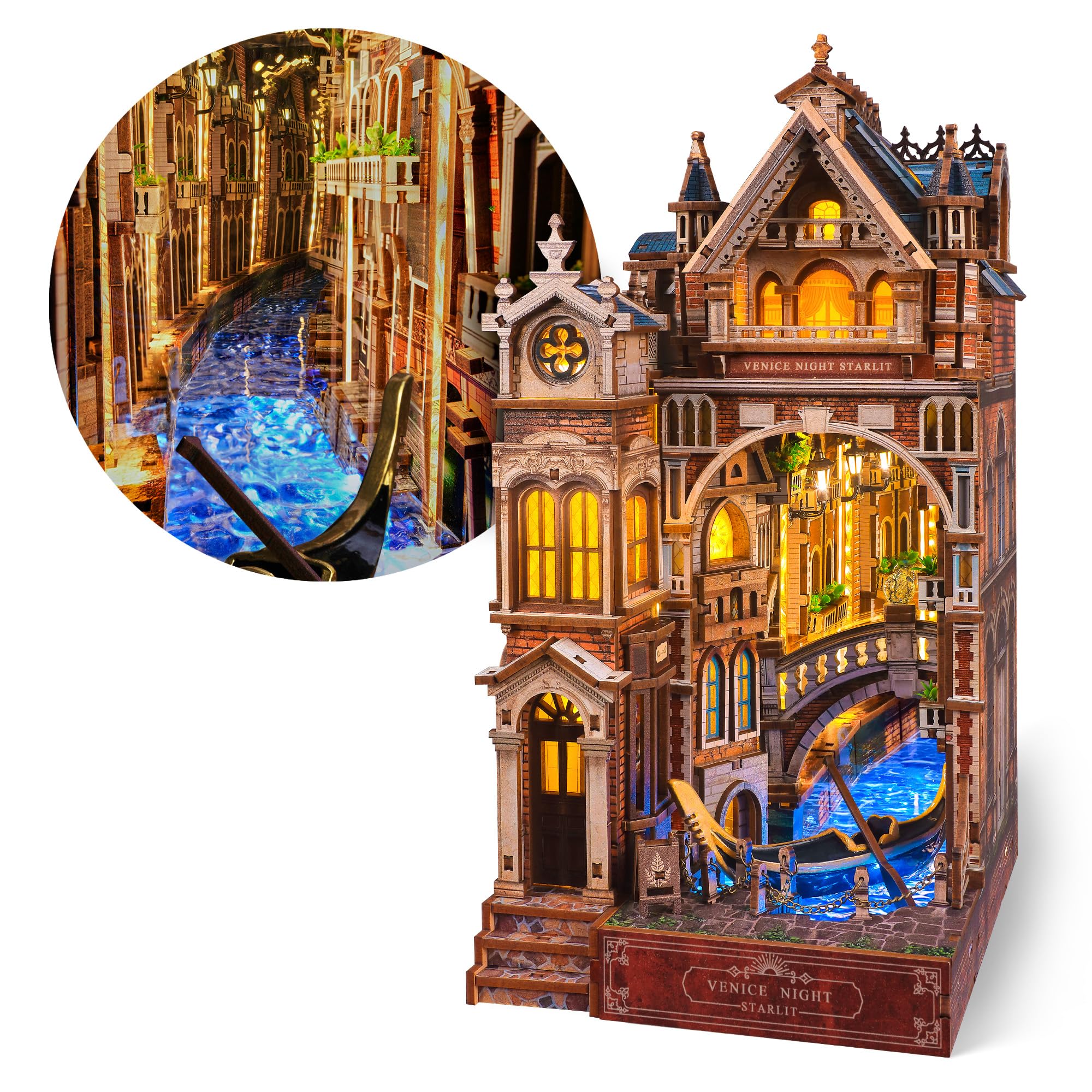 Venice Night Starlit Book Nook Kit – Puzzle 3D in legno con specchio infinito LED – Decorazione fai-da-te per libreria, miniatura creativa per bambini e adulti (Notte di Venezia stellata)
