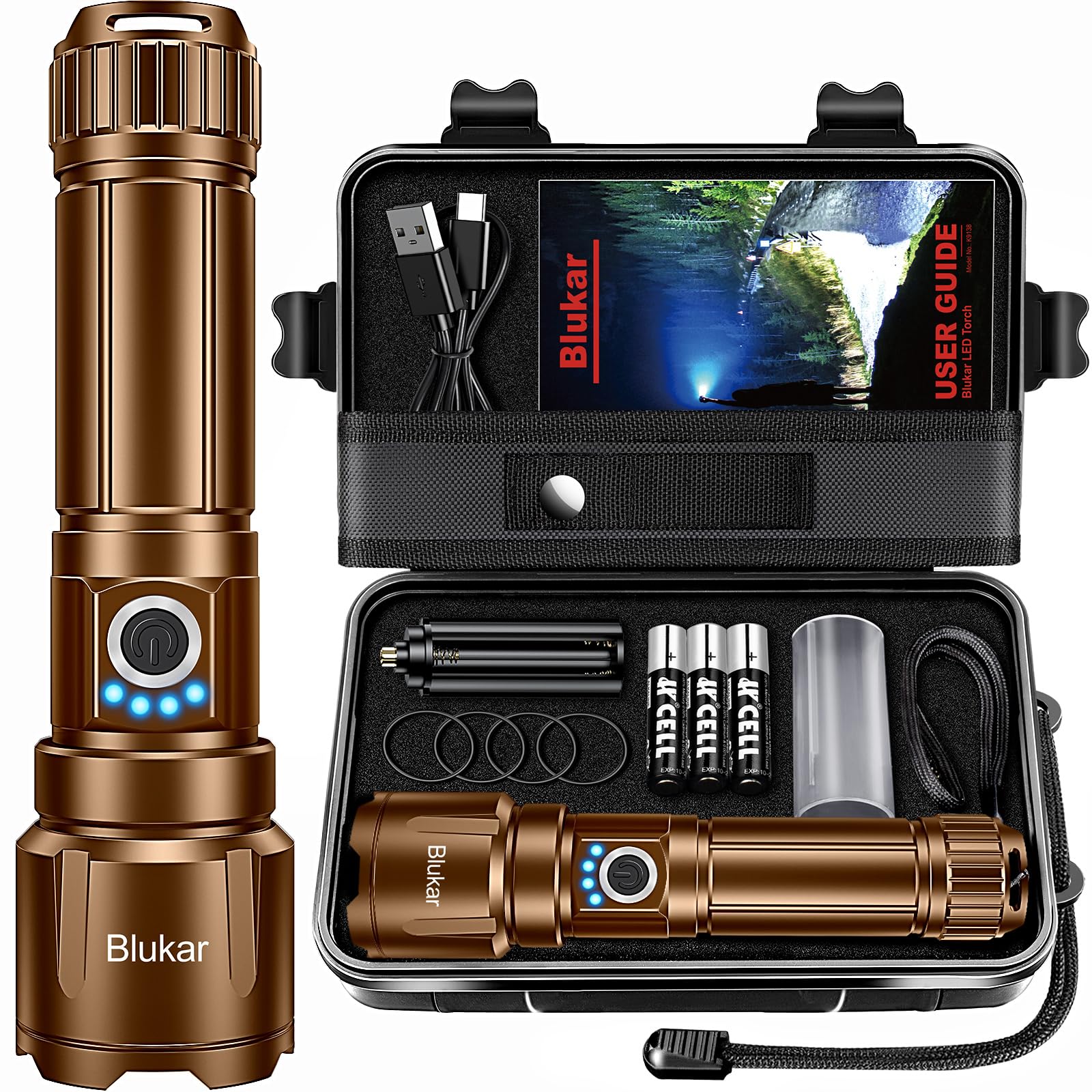 Blukar Torcia LED Potente Professionale, Ultra Alto Lumen Super Luminoso Zoomabile Torcia Alta Potenza, Ricaricabile, 5 Modalità, IP67 Impermeabile Flashlight per Campeggio/Pesca/Emergenza/Trekking