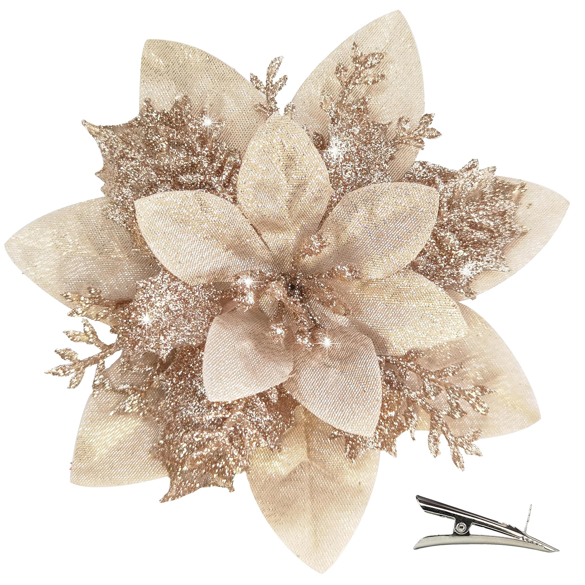 20 Fiori di Natale Artificiali Glitter con Clip, Champagne