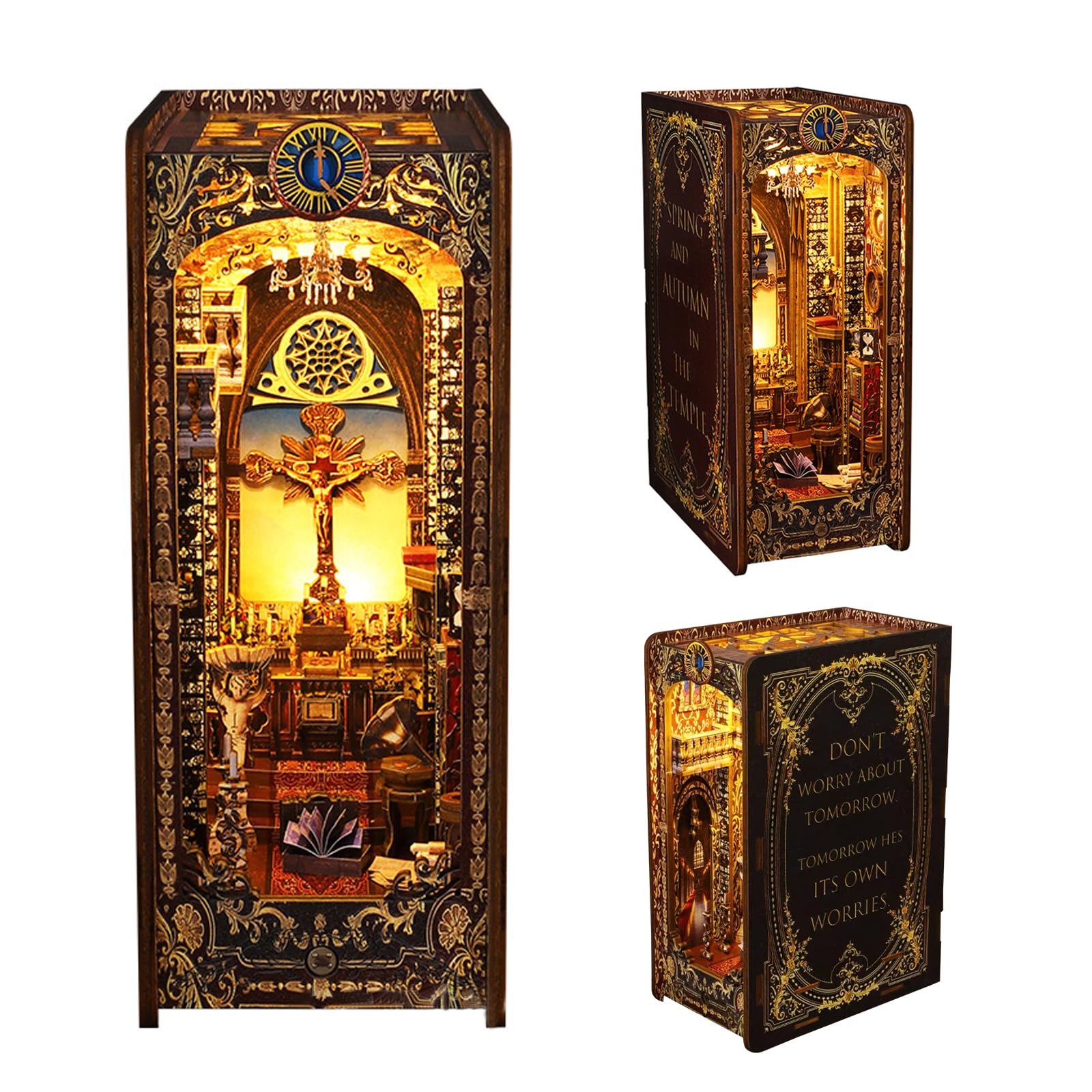 Book Nook DIY Kit Fermalibri 3D in legno, Book Nook Miniatura casa delle bambole, kit in miniatura per libro, angolo in miniatura, chiesa con luce LED e istruzioni per l'uso, regalo creativo per