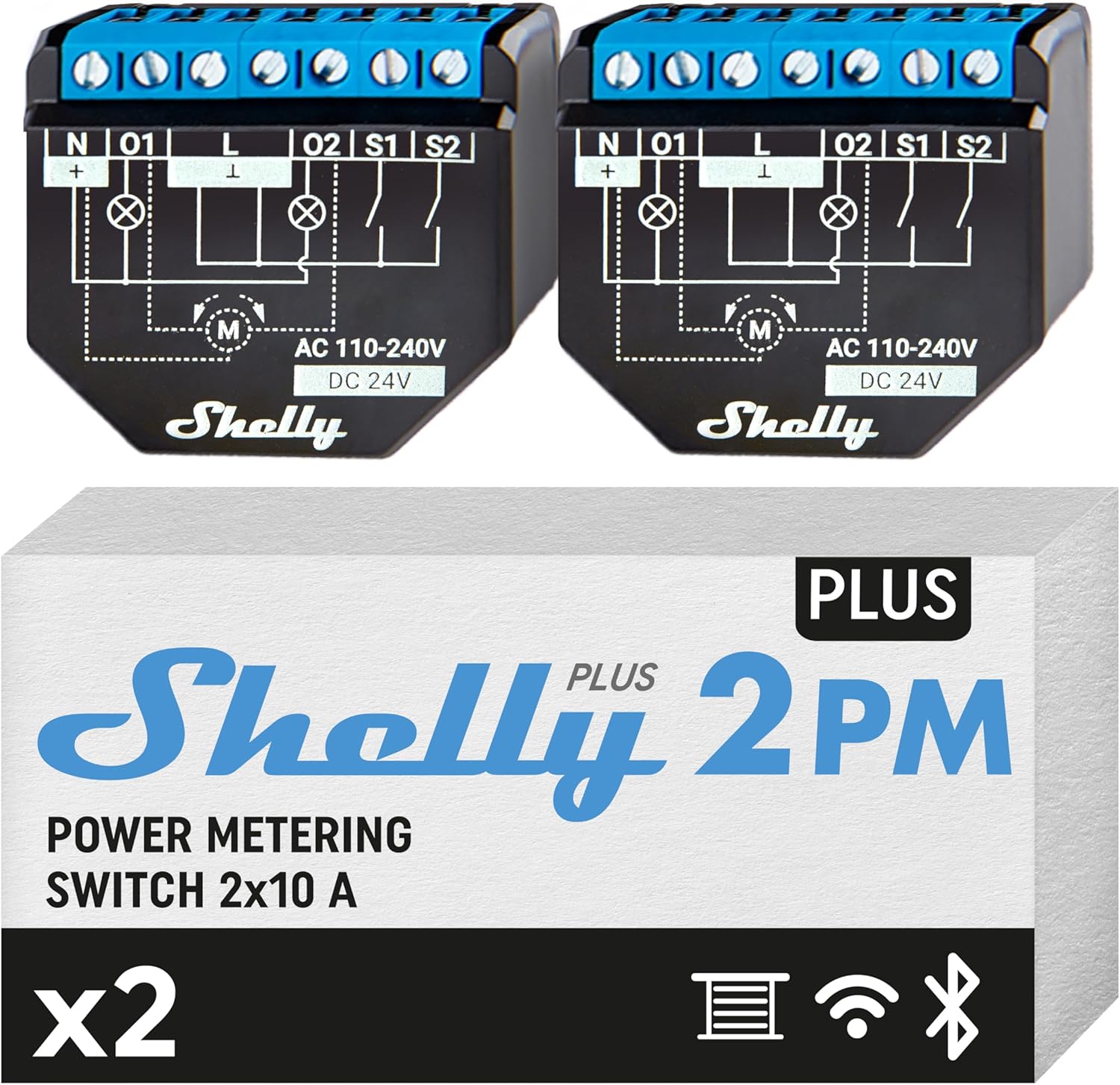 Shelly Plus 2PM - Interruttore Relè WiFi & Bluetooth (2 Pezzi)