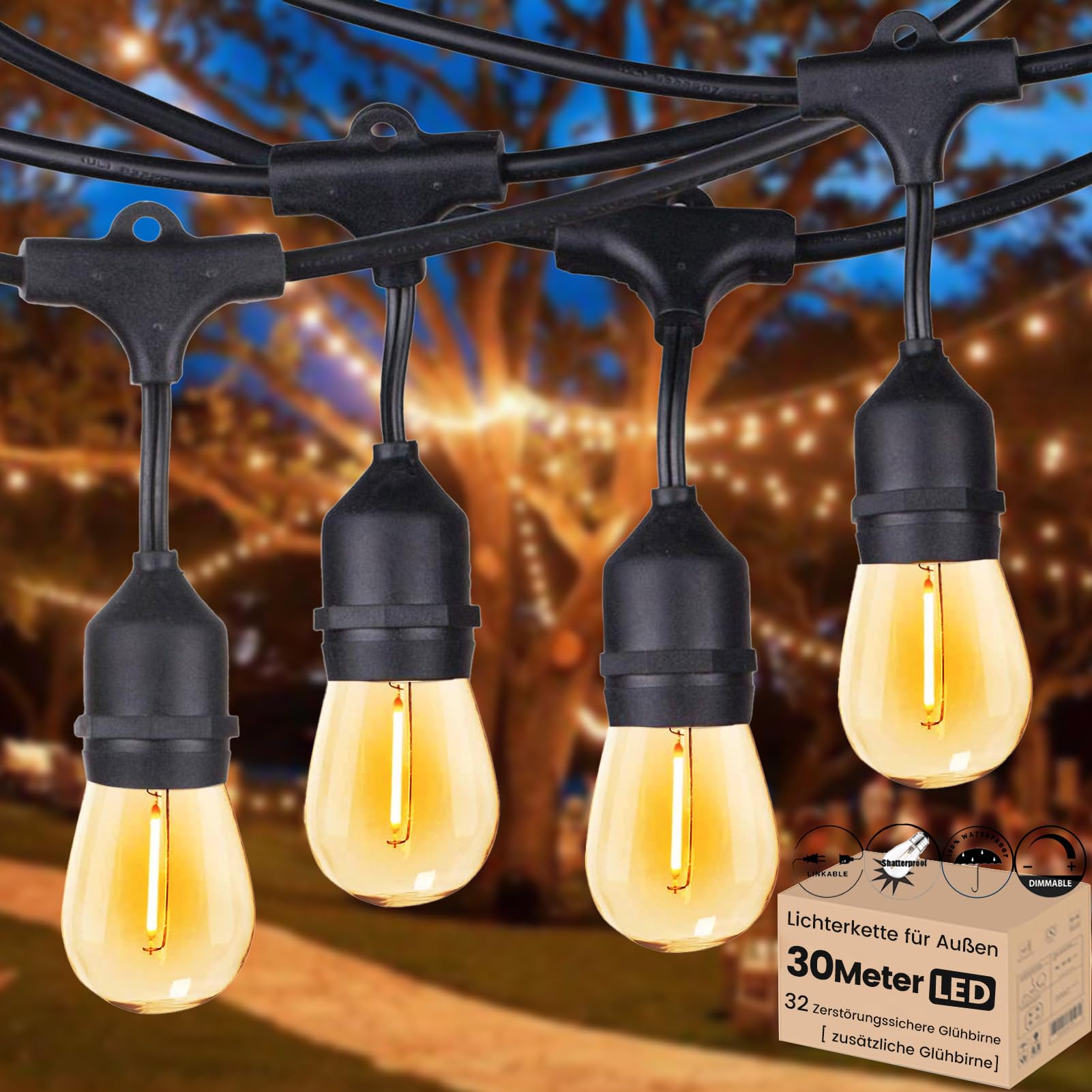 Catena Luminosa Esterni 30m ST45 LED IP65, Luce Bianca Calda 2700K