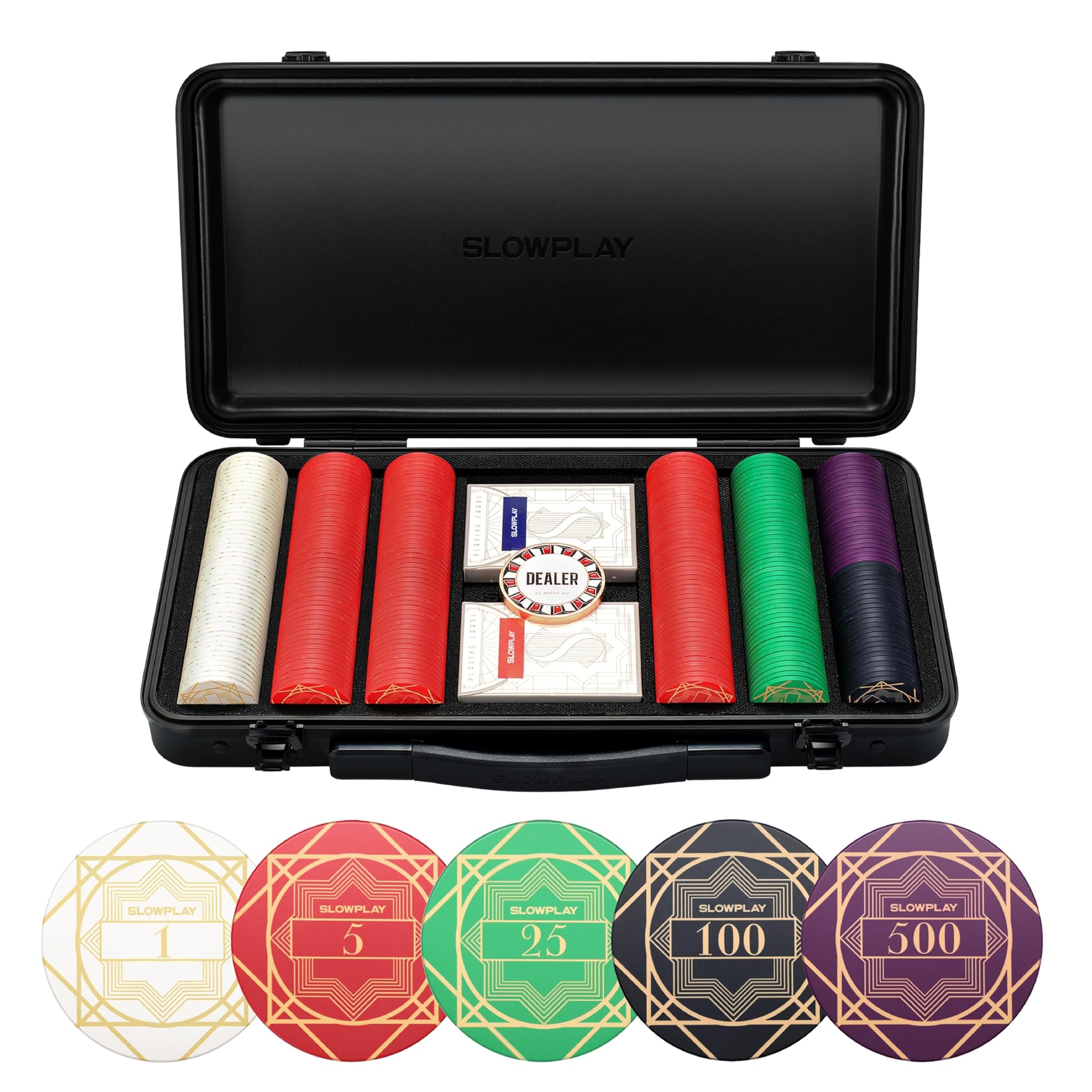 SLOWPLAY Nash - Set di fiches da poker in ceramica per Texas Hold'em, 300 pezzi [con valori numerati], 43 mm e 12 g ciascuno, con custodia di fascia alta in policarbonato tedesco