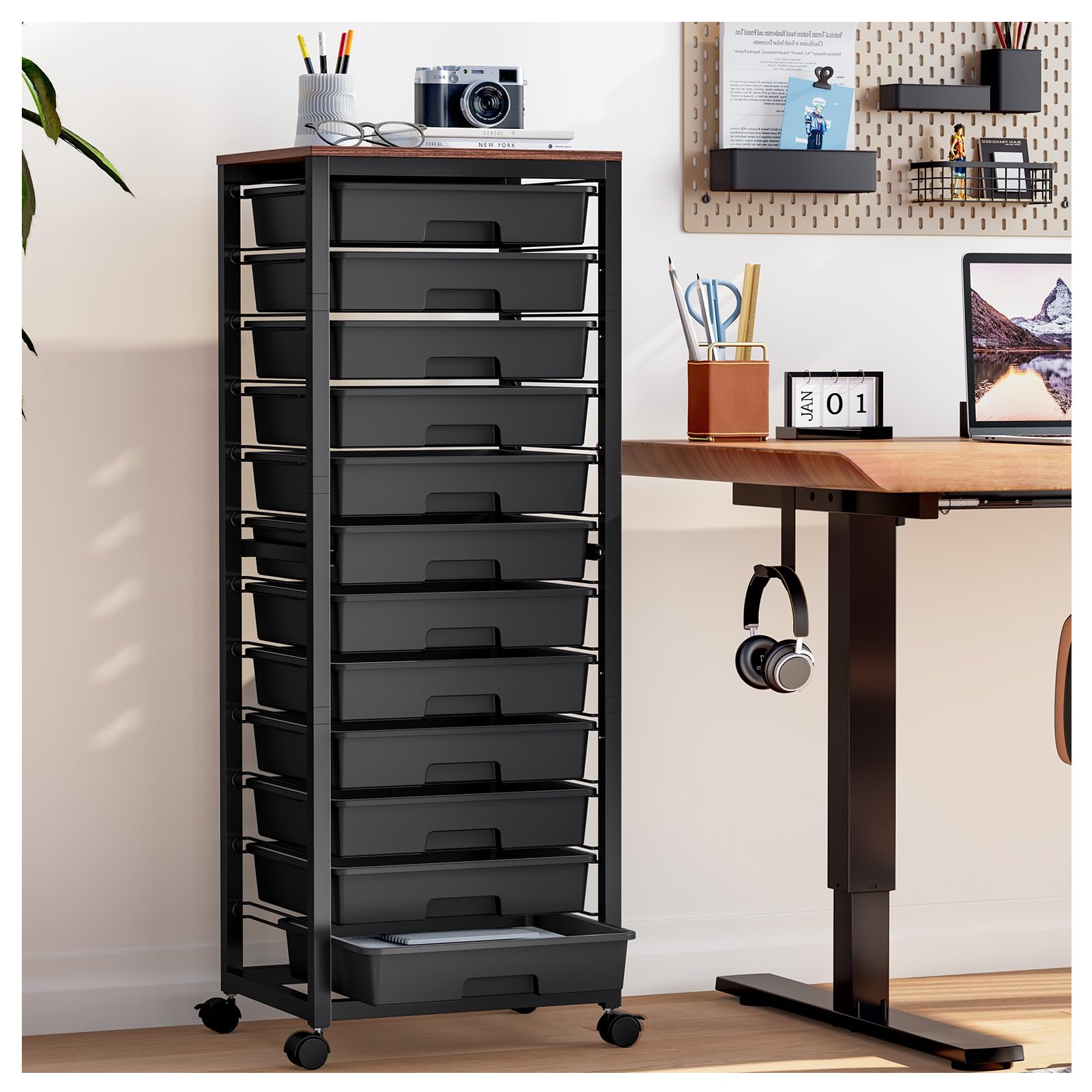 Carrello Mobile a 12 Cassetti con Piastra in Legno