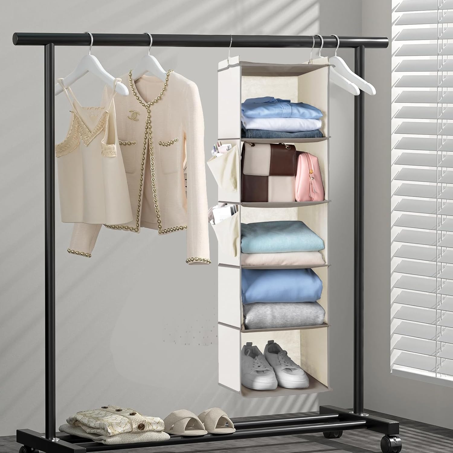 Cozary Organizer Armadio da Appendere 5 Ripiani, Beige - immagine 2