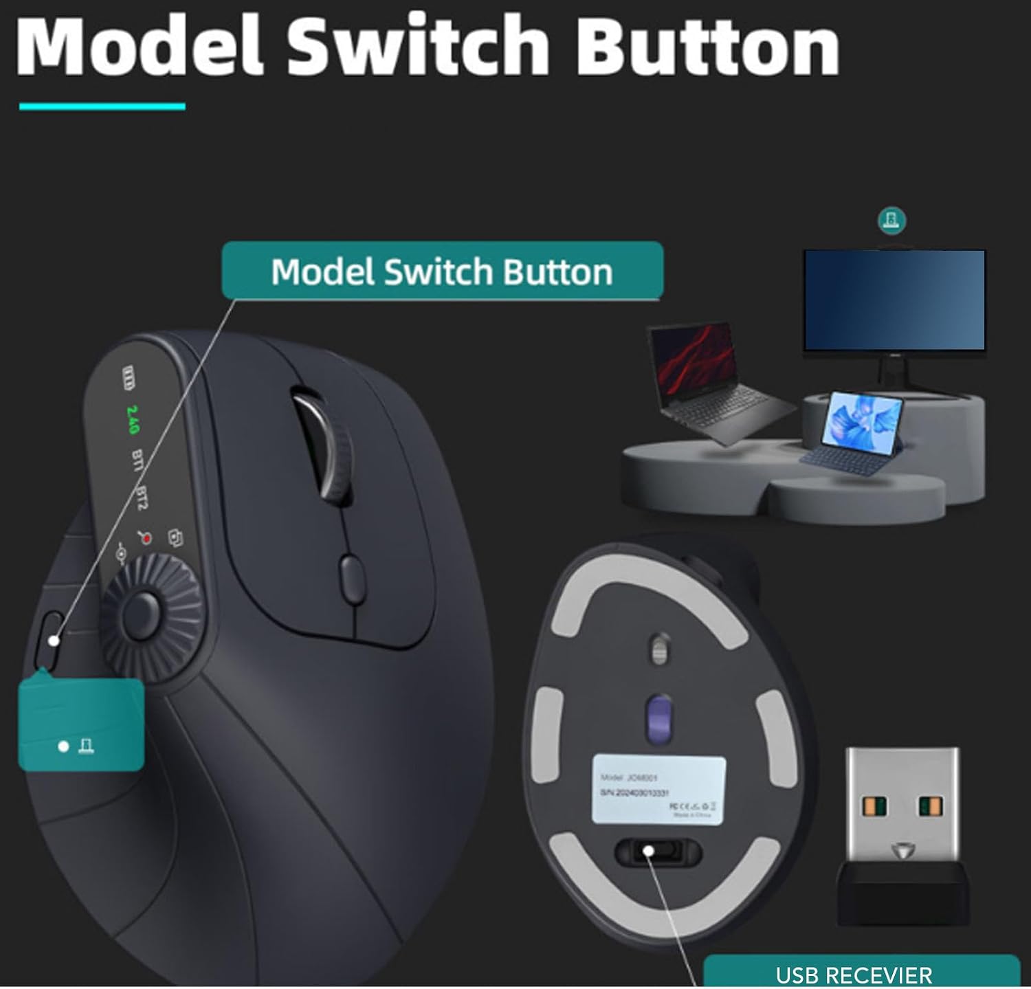 PUSOKEI Mouse Verticale Ergonomico 2.4G, Mouse Wireless Bluetooth ...