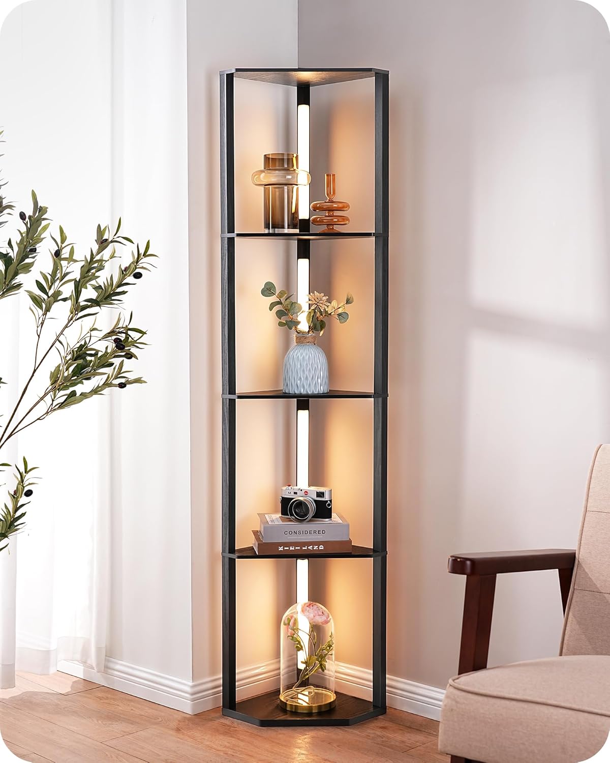 EDISHINE Lampada da Terra con Ripiani, Nero - immagine 1