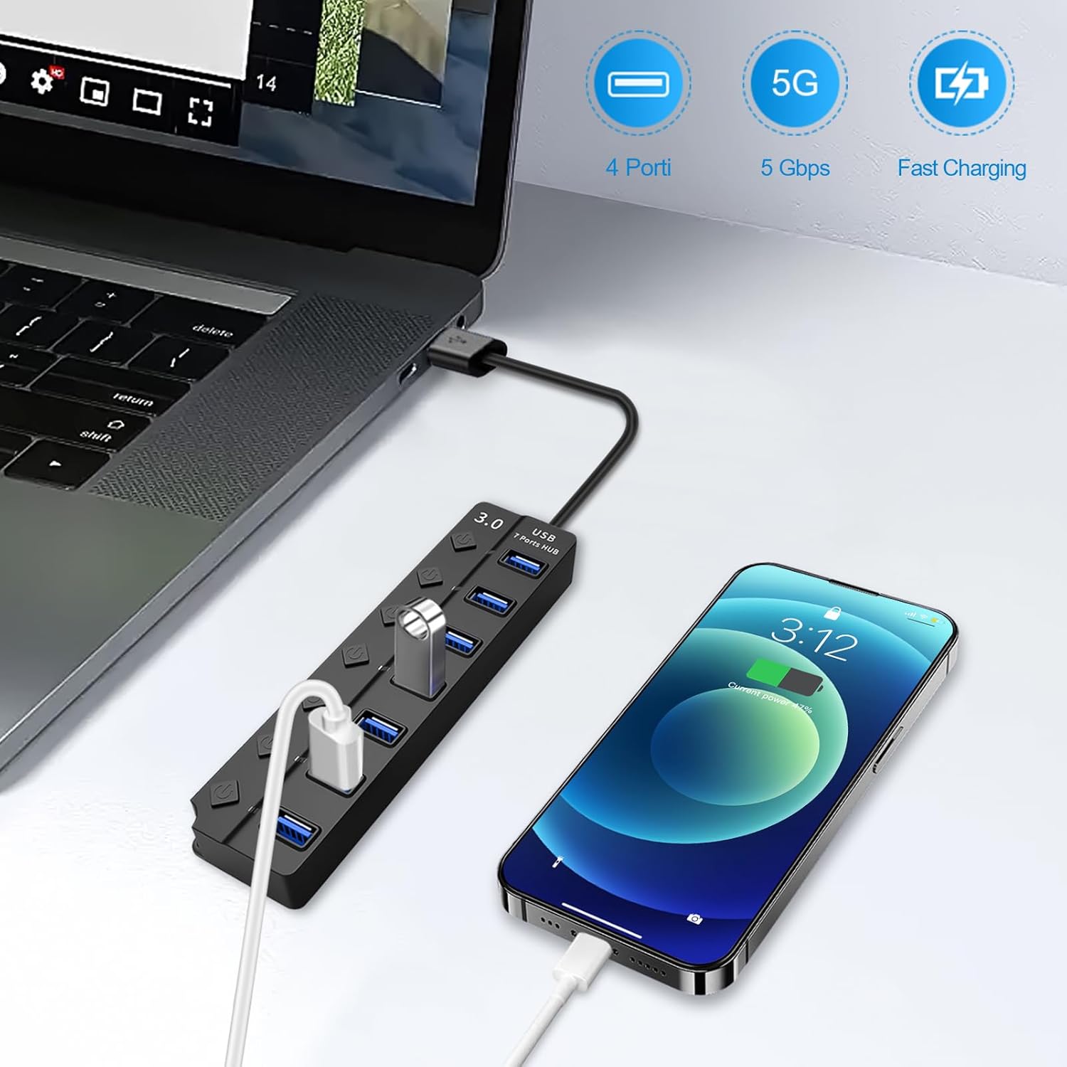 Hub USB 3.0 Ciabatta Multi Presa 7 Porte - immagine 4