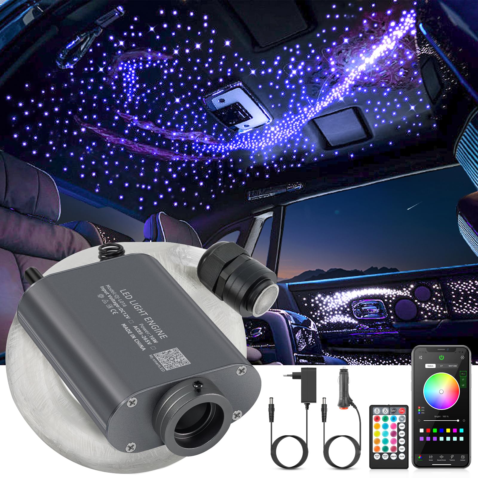 SUNKENET Kit Cielo Stellato LED Fibra Ottica 16W RGBW