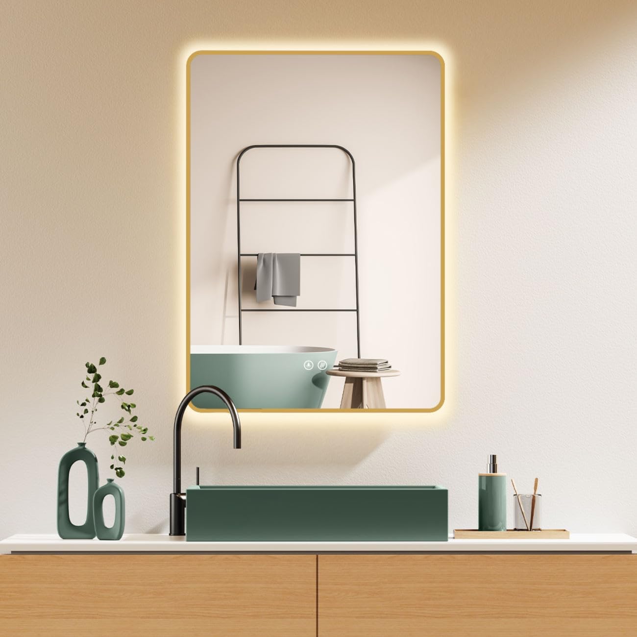 Hoko® Specchio-Bagno LED Antiappannamento con Cornice Dorata
