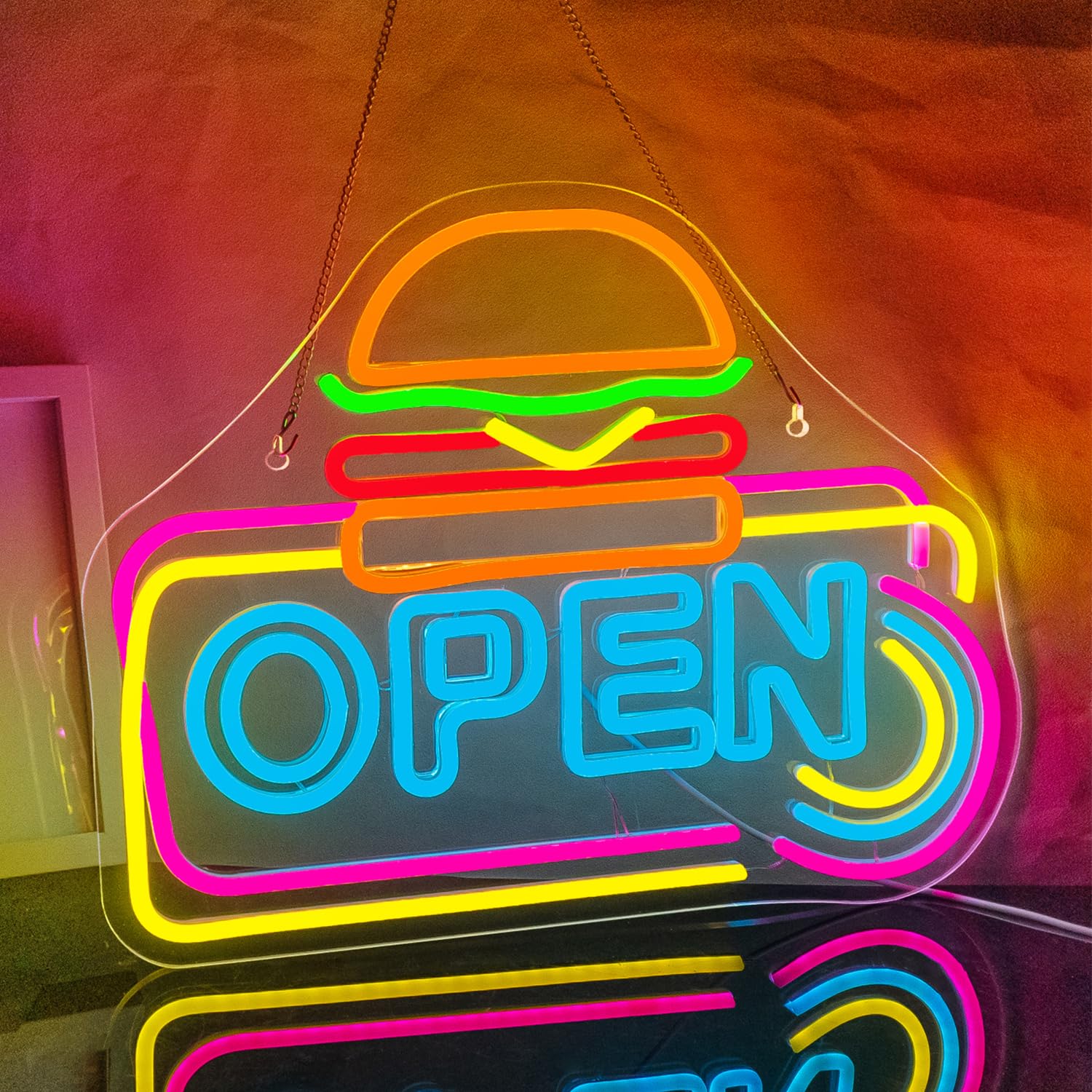 Looklight Insegna al Neon Aperta per Hamburger