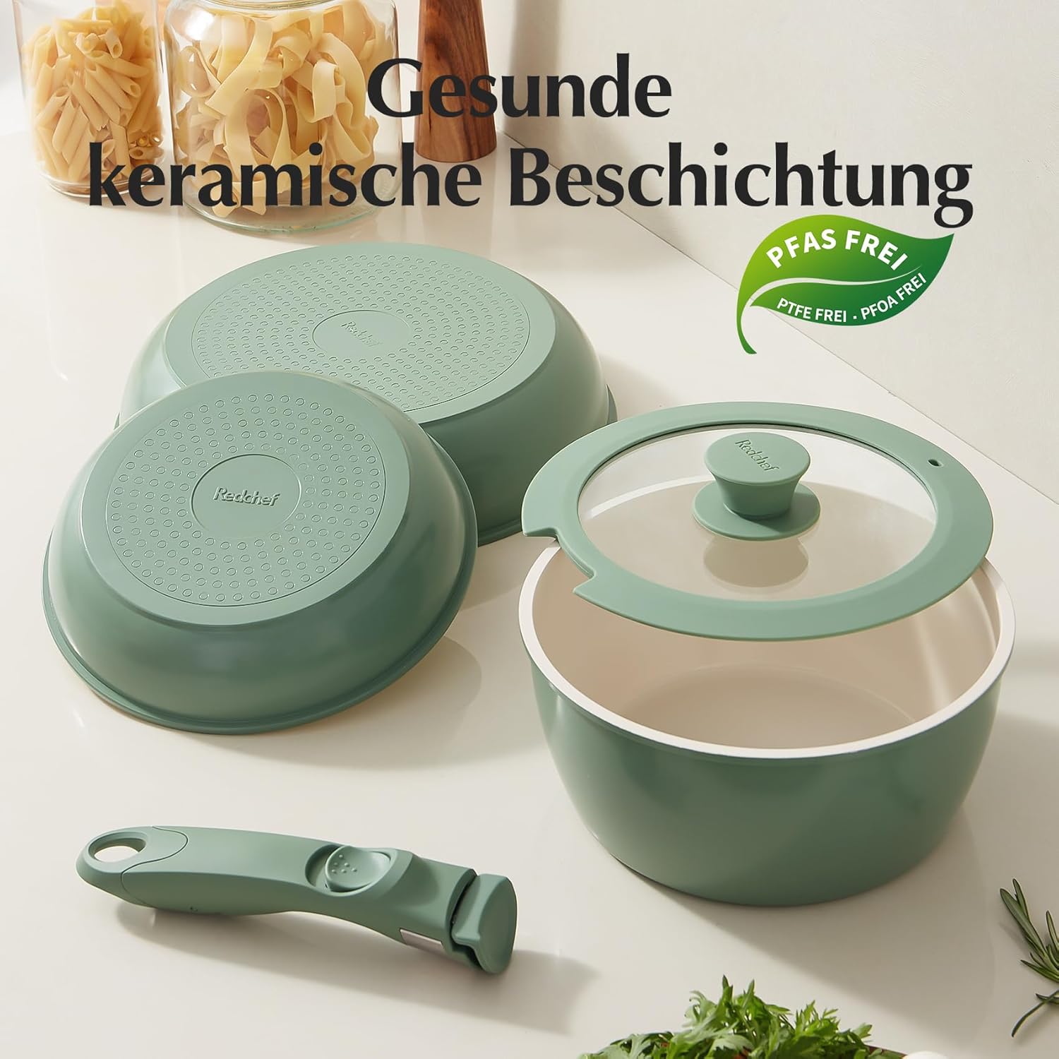 Redchef Set di Pentole in Ceramica con Manico Rimovibile, Verde - immagine 2