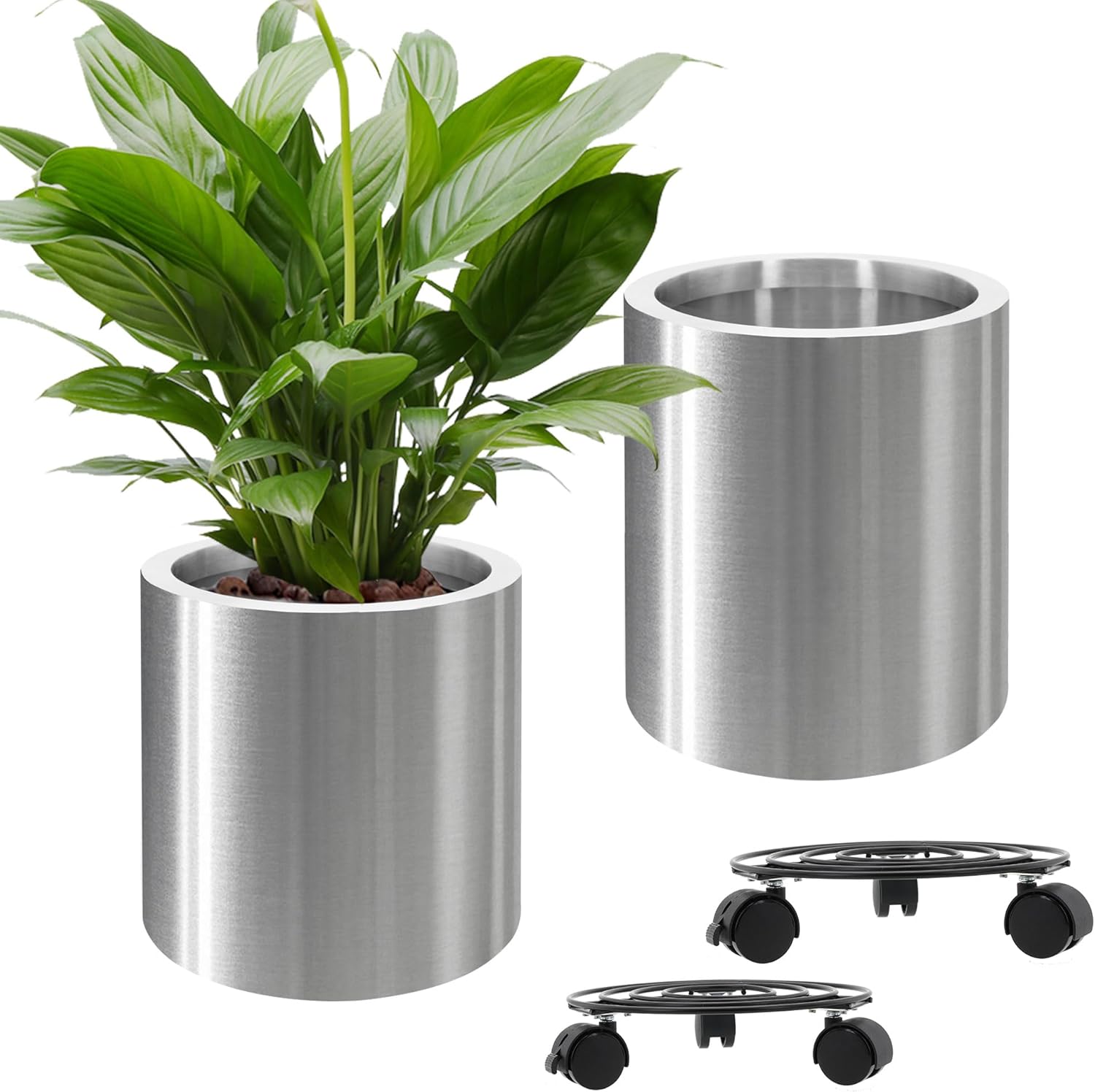 LONGRUN Set 2 Vasi da Fiori Cilindrici in Acciaio Inox