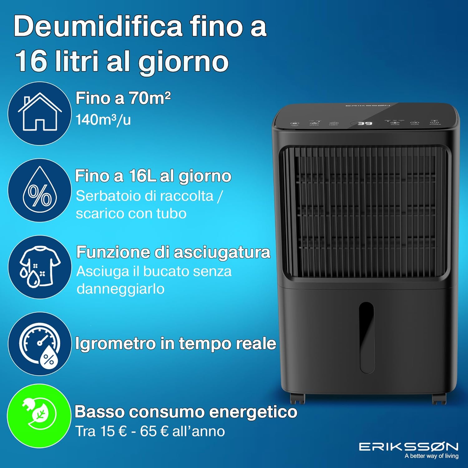 Erikssøn - Deumidificatore Elettrico 16L con Timer 24H - immagine 2