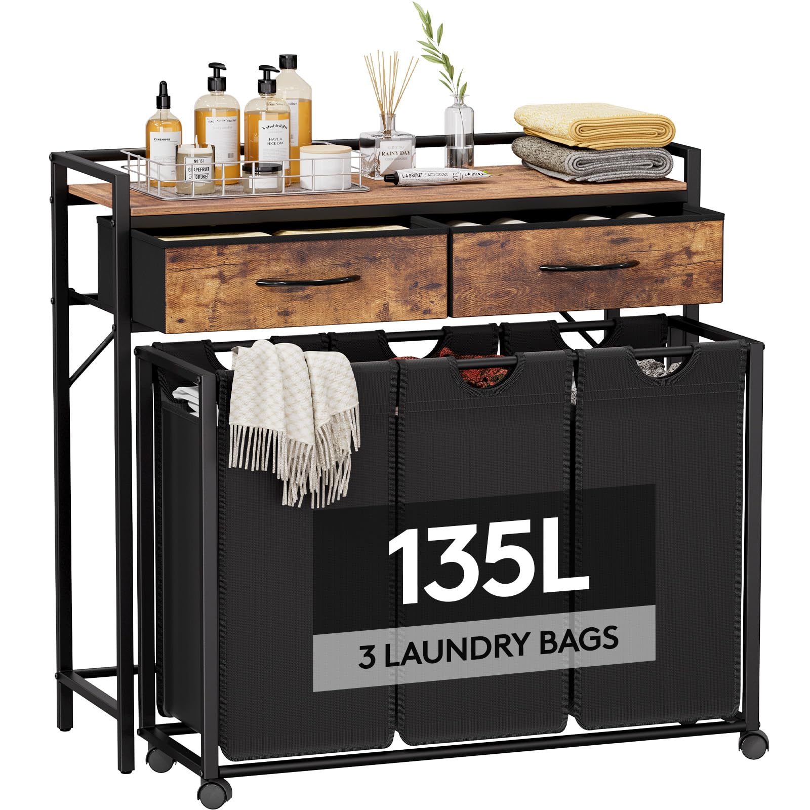 Lifewit Cesto Portabiancheria 3 Scomparti con Ruote 120L, Nero