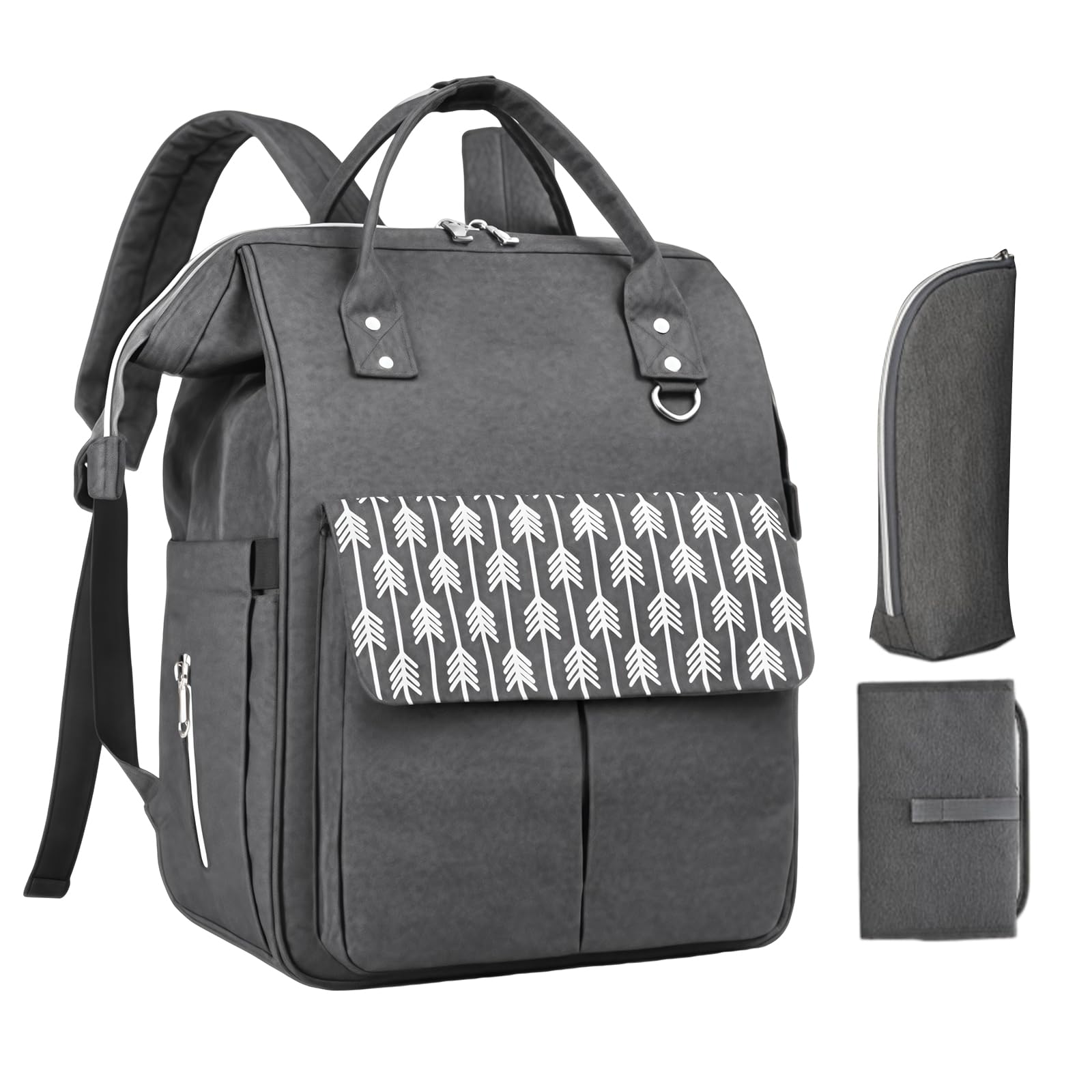 Zaino fasciatoio grande: zaino fasciatoio per bambini, con fasciatoio e borsa frigo, per bambini, con cinghie per passeggino (grigio scuro)