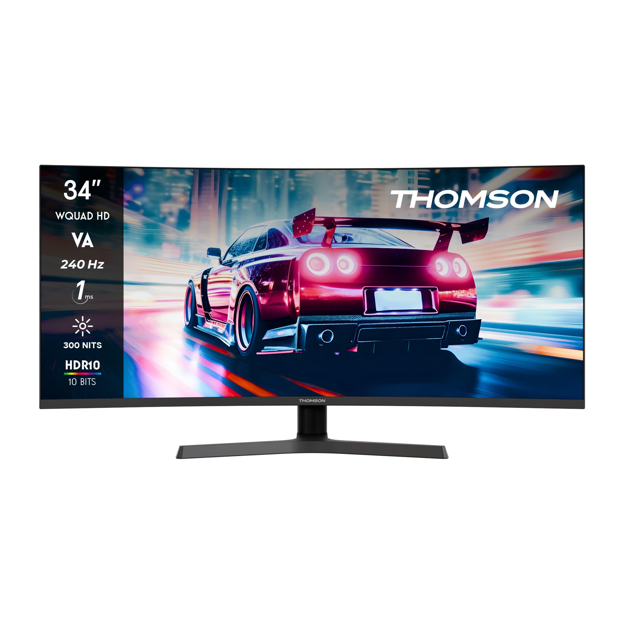 Thomson Gaming Monitor 34 Pollici UWQHD Monitor, 240Hz VA EyeCare Display, 1ms, Adaptive Sync, Speaker, HDR10, HDMI&DP, M34QG7Y14C