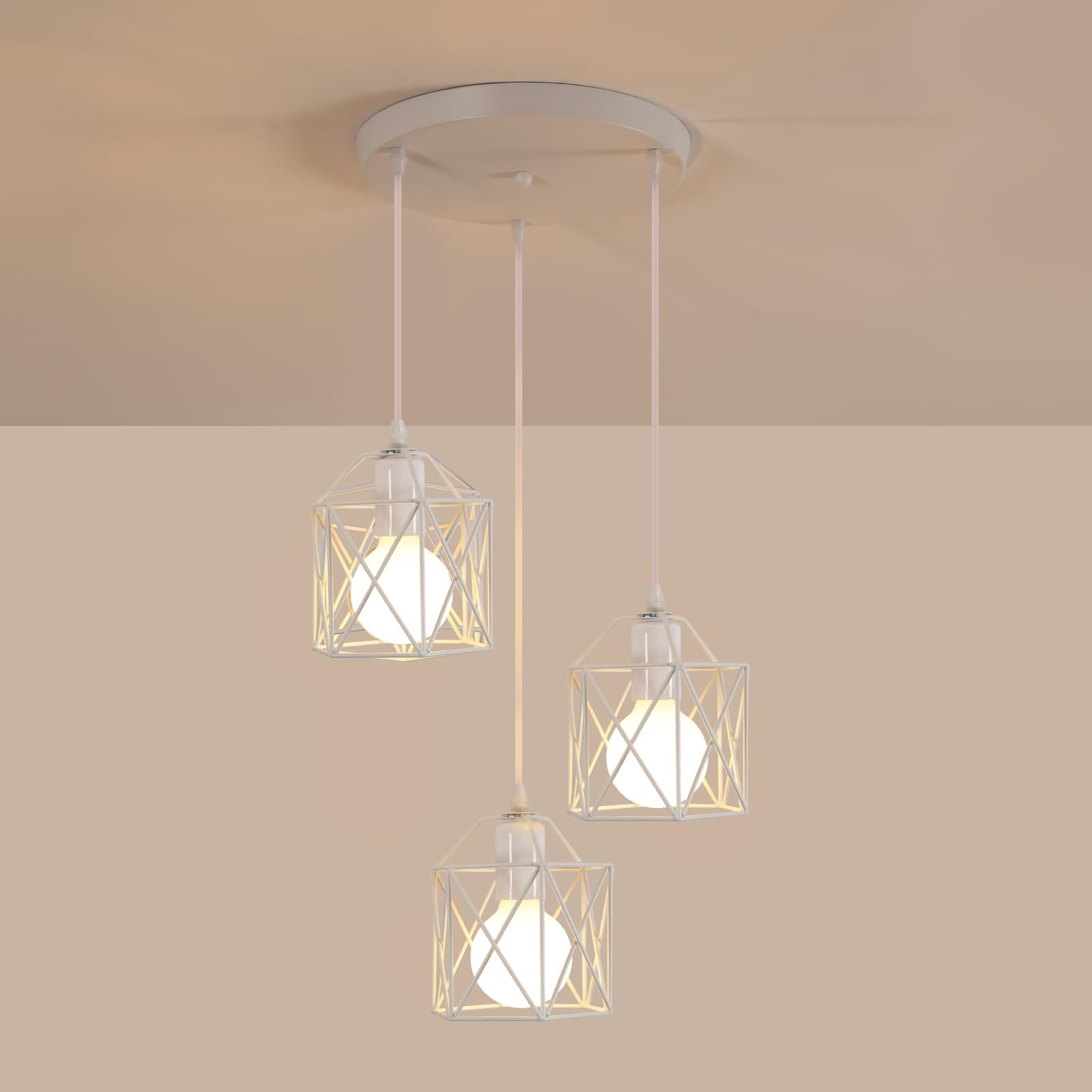 Lampadario a Sospensione Vintage 3 Luci E27, Bianco