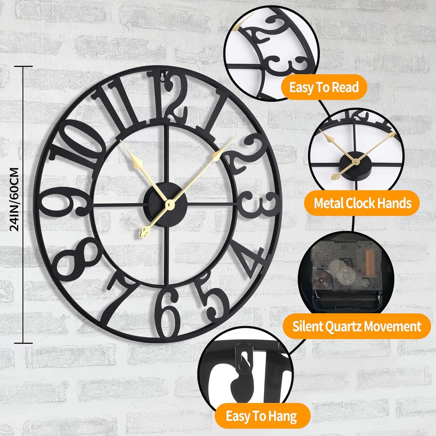 Haitang Grande Orologio da Parete Rotondo 61cm, Silenzioso - immagine 3