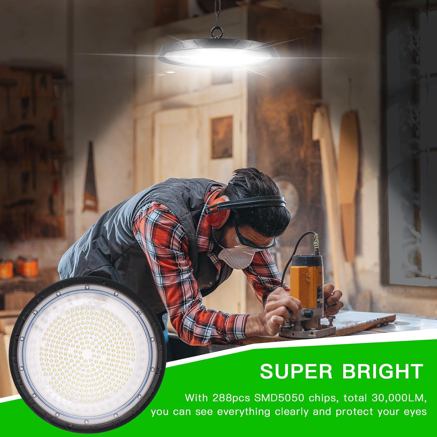 300W UFO LED High Bay Light, 30000LM, 6000K bianco freddo UFO LED officina luce, IP65 lampada impermeabile, adatto per fabbriche, garage e magazzini - immagine 2