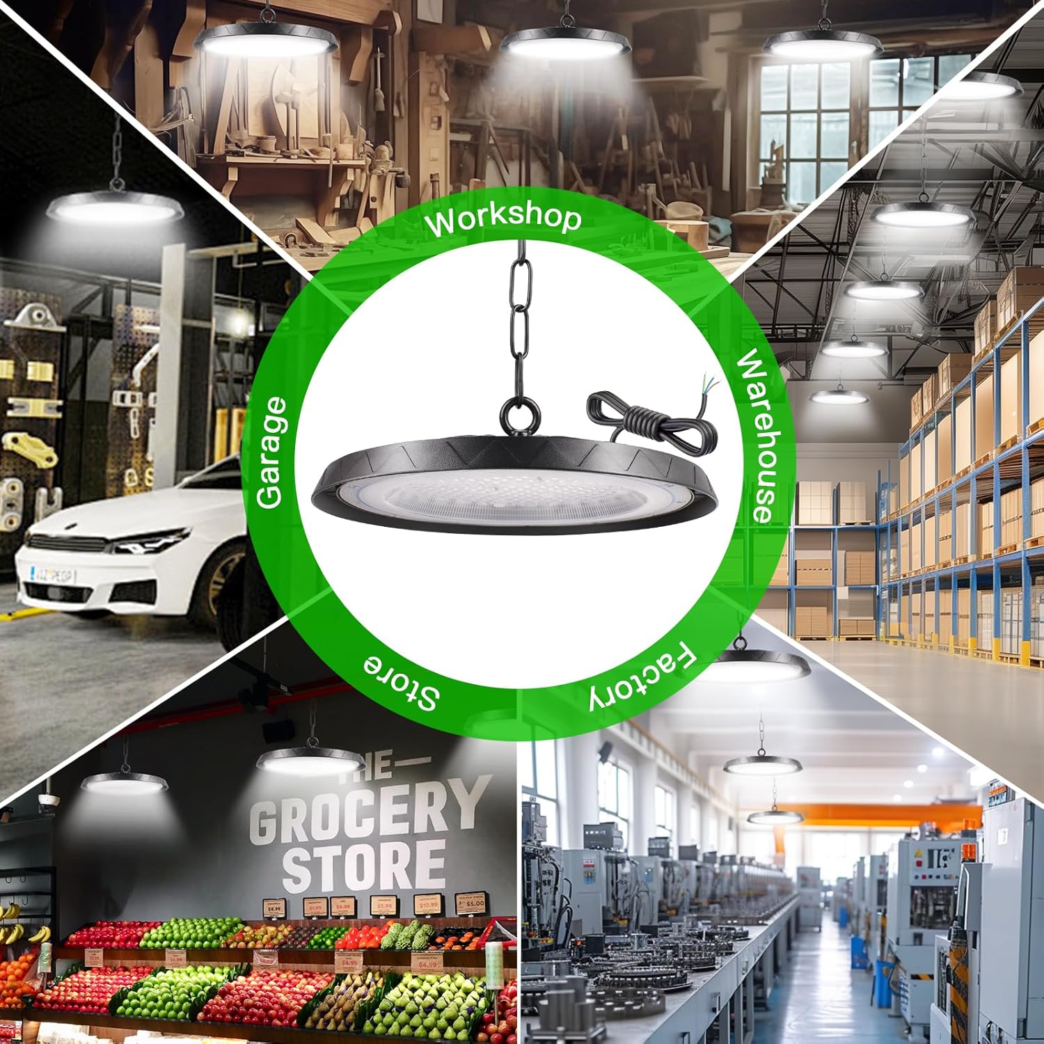 300W UFO LED High Bay Light, 30000LM, 6000K bianco freddo UFO LED officina luce, IP65 lampada impermeabile, adatto per fabbriche, garage e magazzini - immagine 7