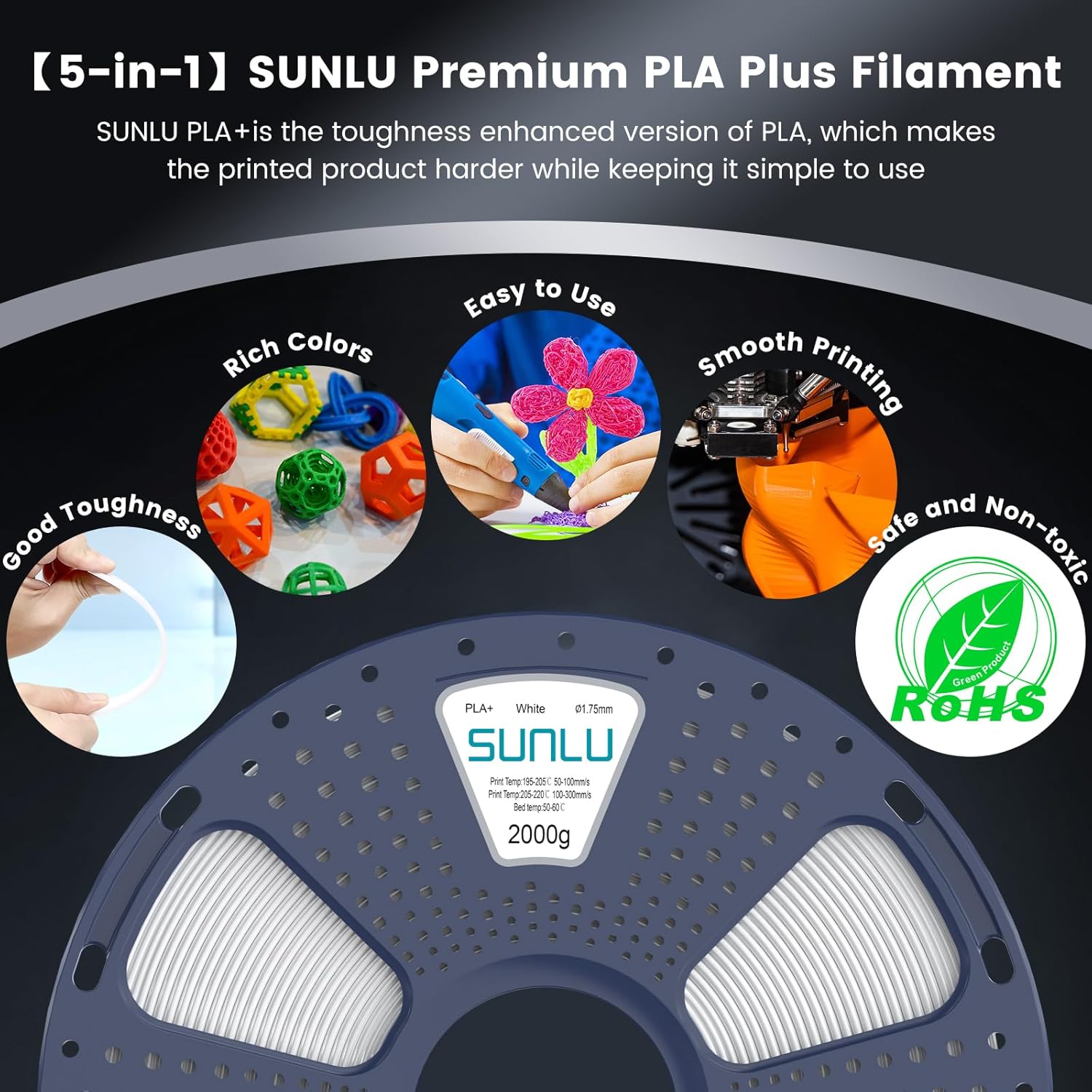 Sunlu Filamento PLA Plus 3KG per Stampanti 3D, Nero - immagine 6