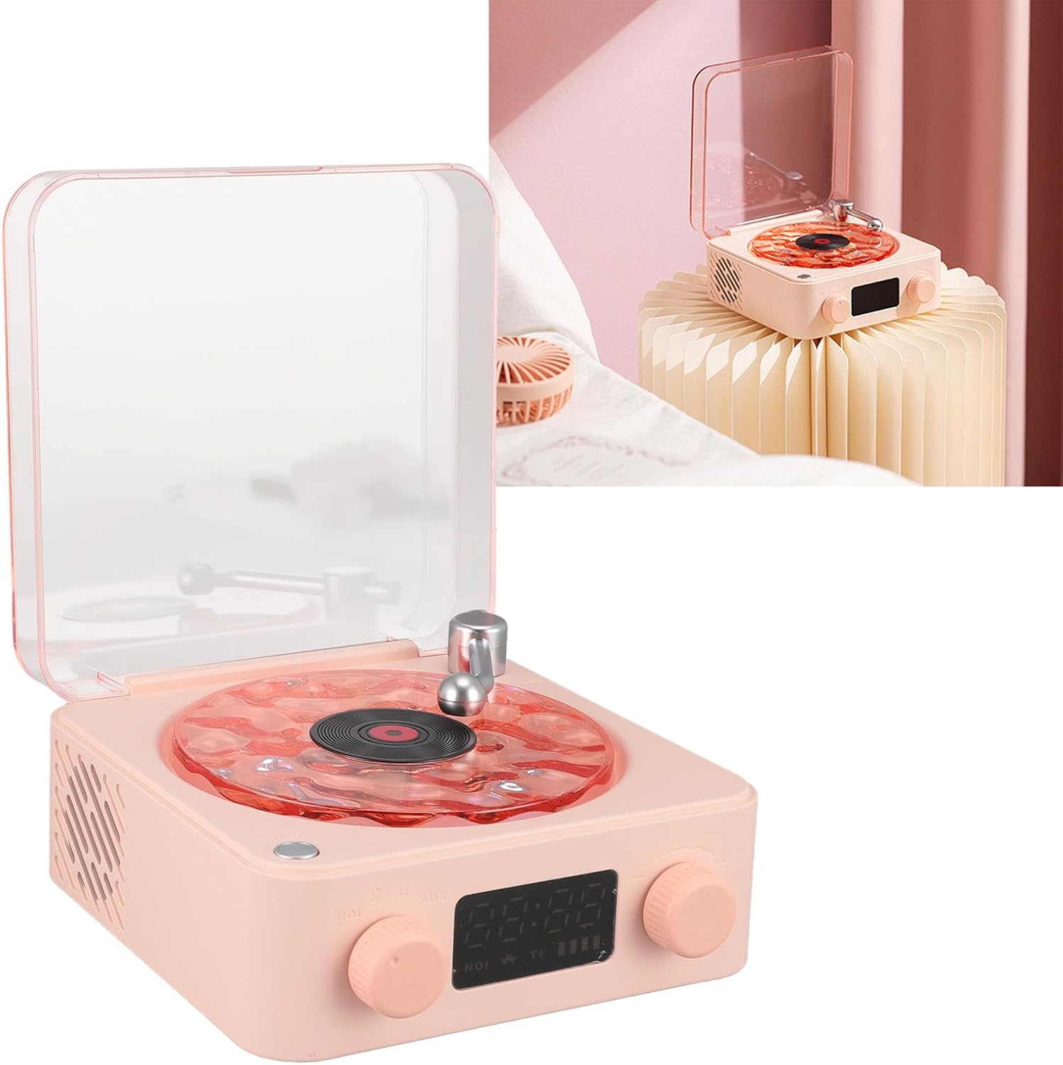 Giradischi con Luce Notturna e Display Ora, Roseo - immagine 2