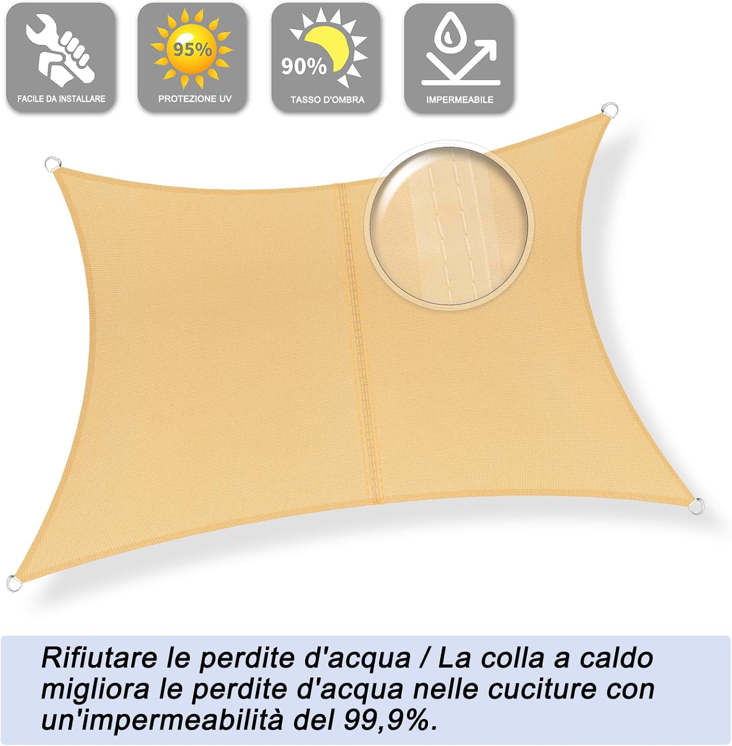 Sunnylaxx Tenda a Vela Rettangolare 3x4m, Sabbia - immagine 2