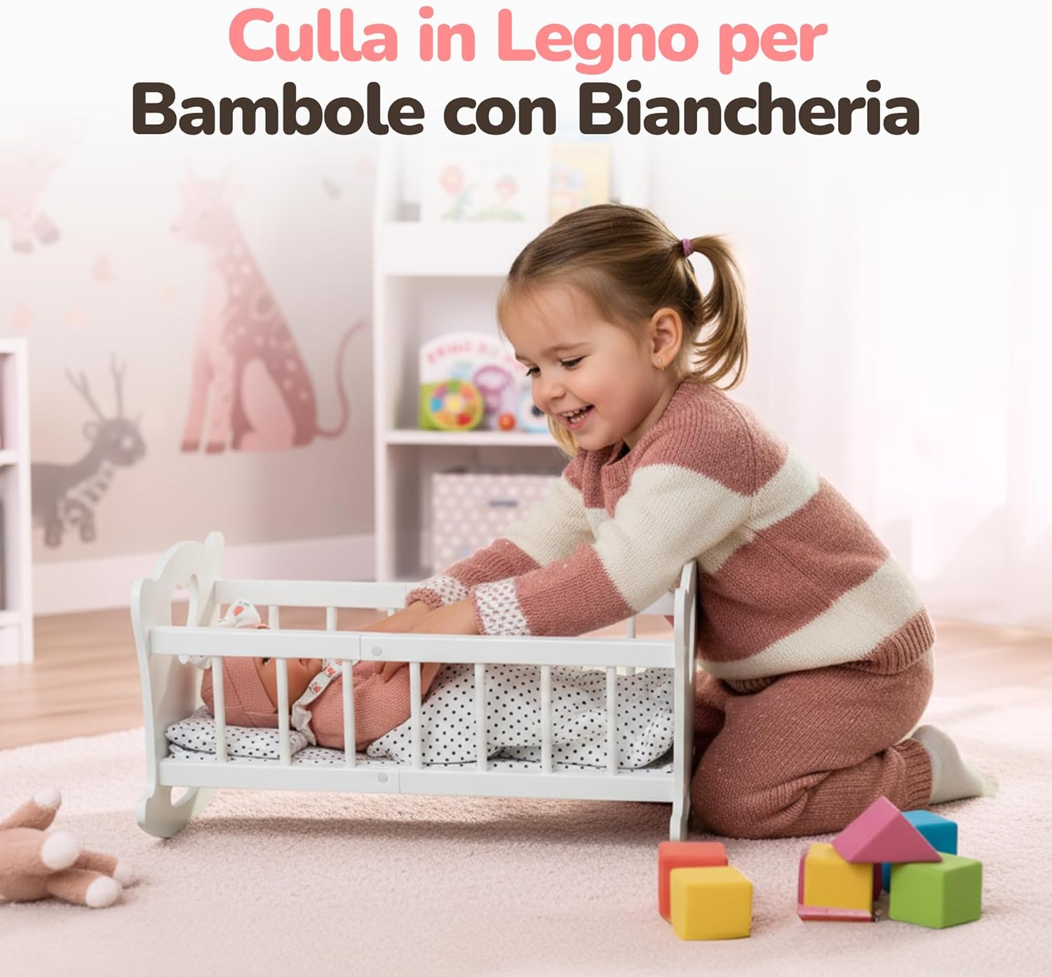 Kinderplay Culla per Bambole in Legno con Biancheria - immagine 2