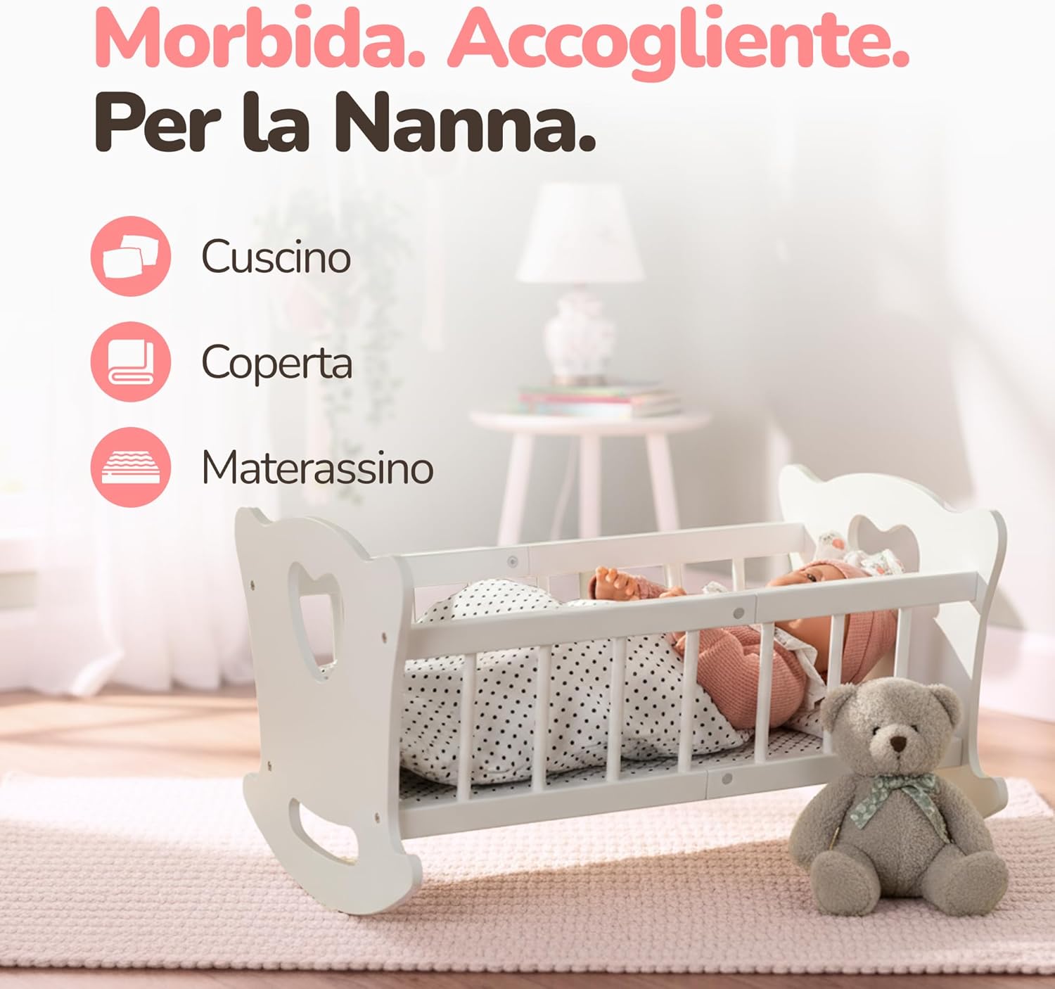 Kinderplay Culla per Bambole in Legno con Biancheria - immagine 5