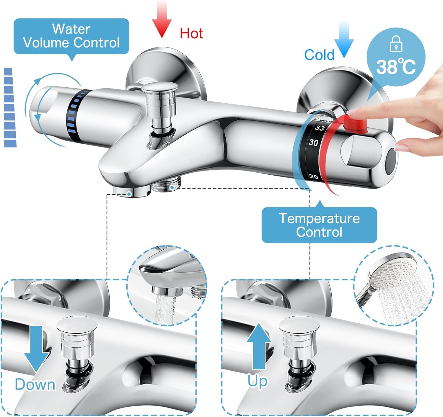 Rubinetto Termostatico per Doccia 38℃, Cromato - immagine 3