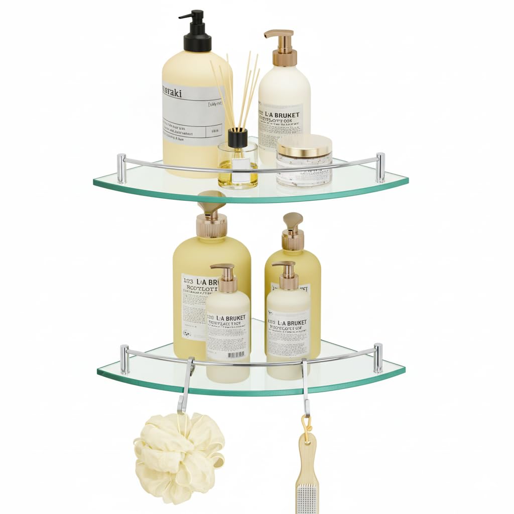 Kes Mensola Angolare in Vetro con Ganci Inox 18/8