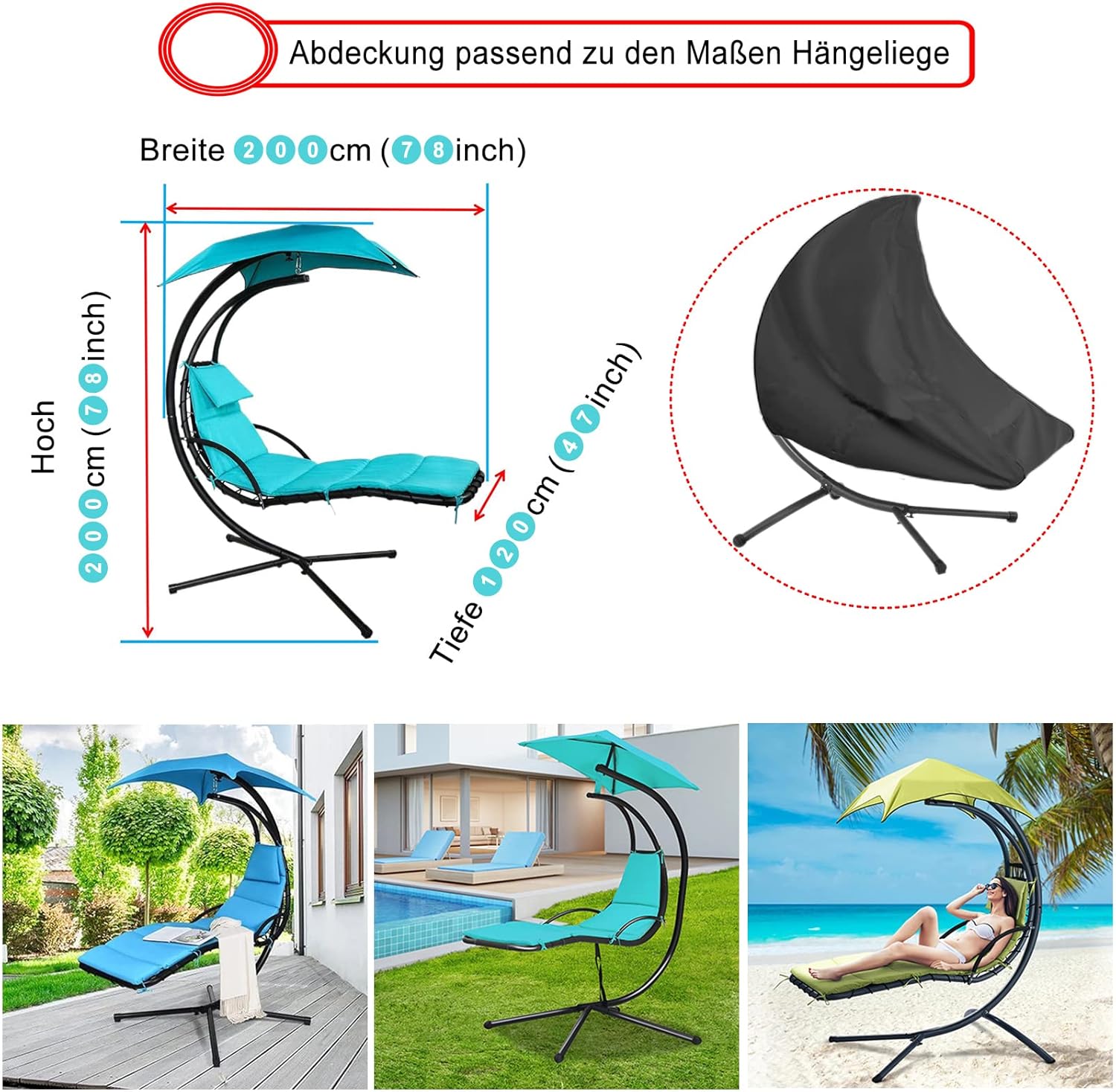 Copertura Sdraio Sospesa Impermeabile con Cerniera, Nera - immagine 2