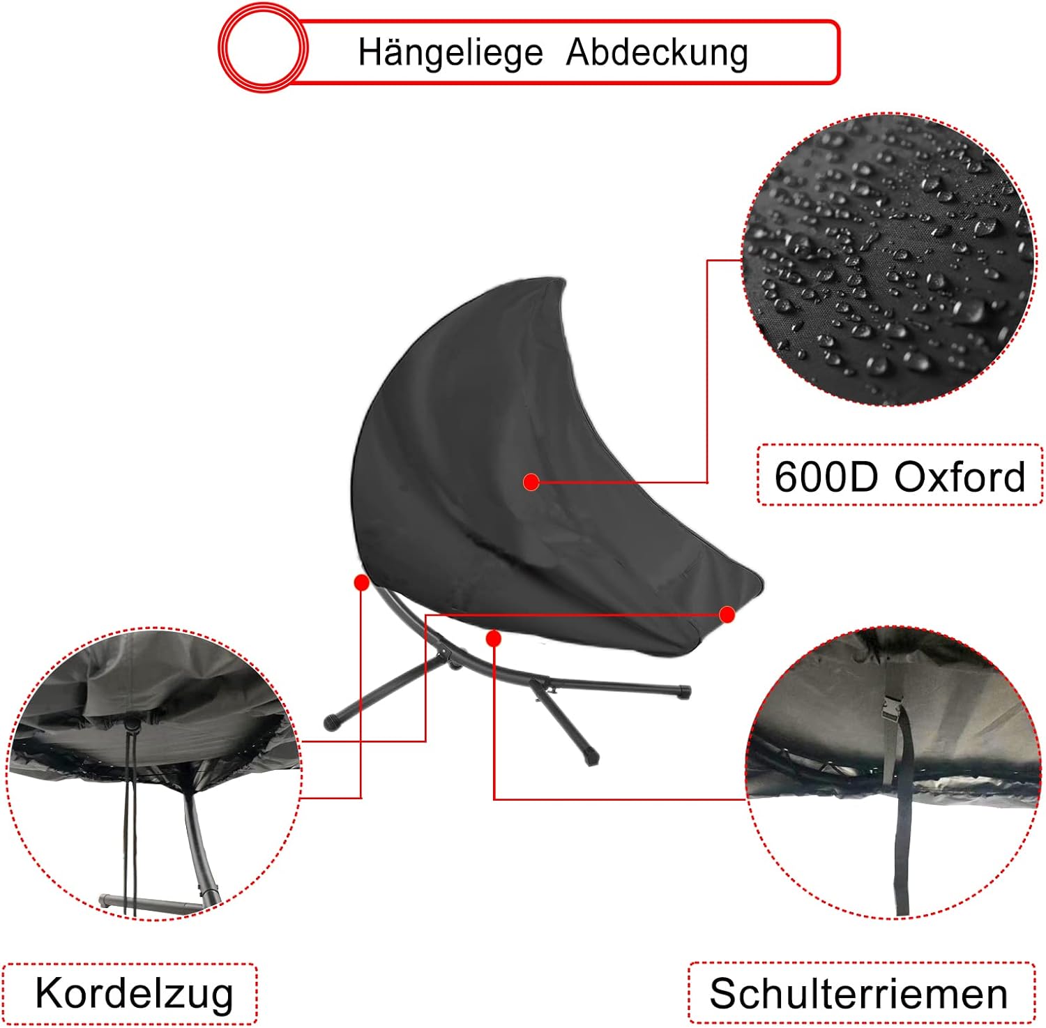 Copertura Sdraio Sospesa Impermeabile con Cerniera, Nera - immagine 4