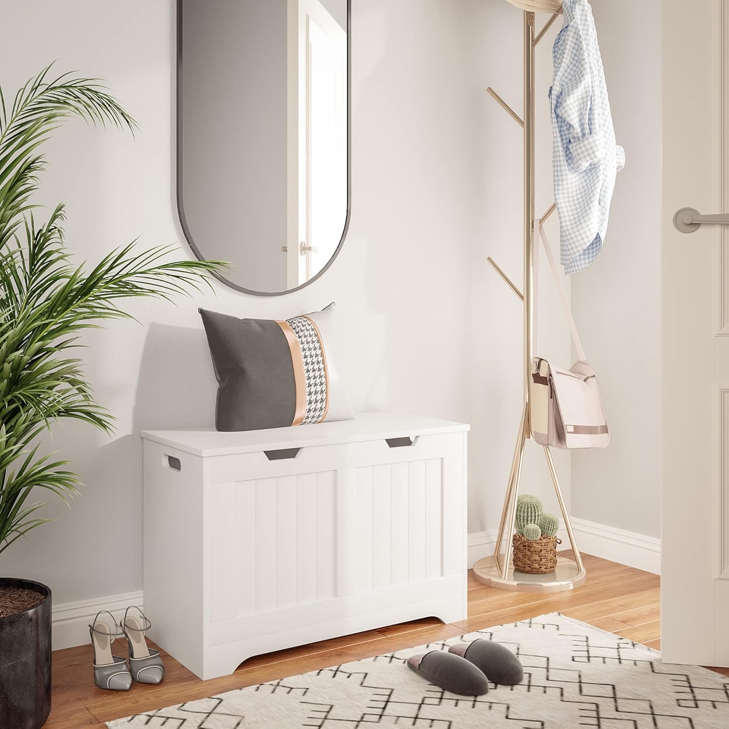 Mondeer Panca Portaoggetti con Coperchio, MDF, Bianco, 72 x 36 x 48 cm - immagine 2