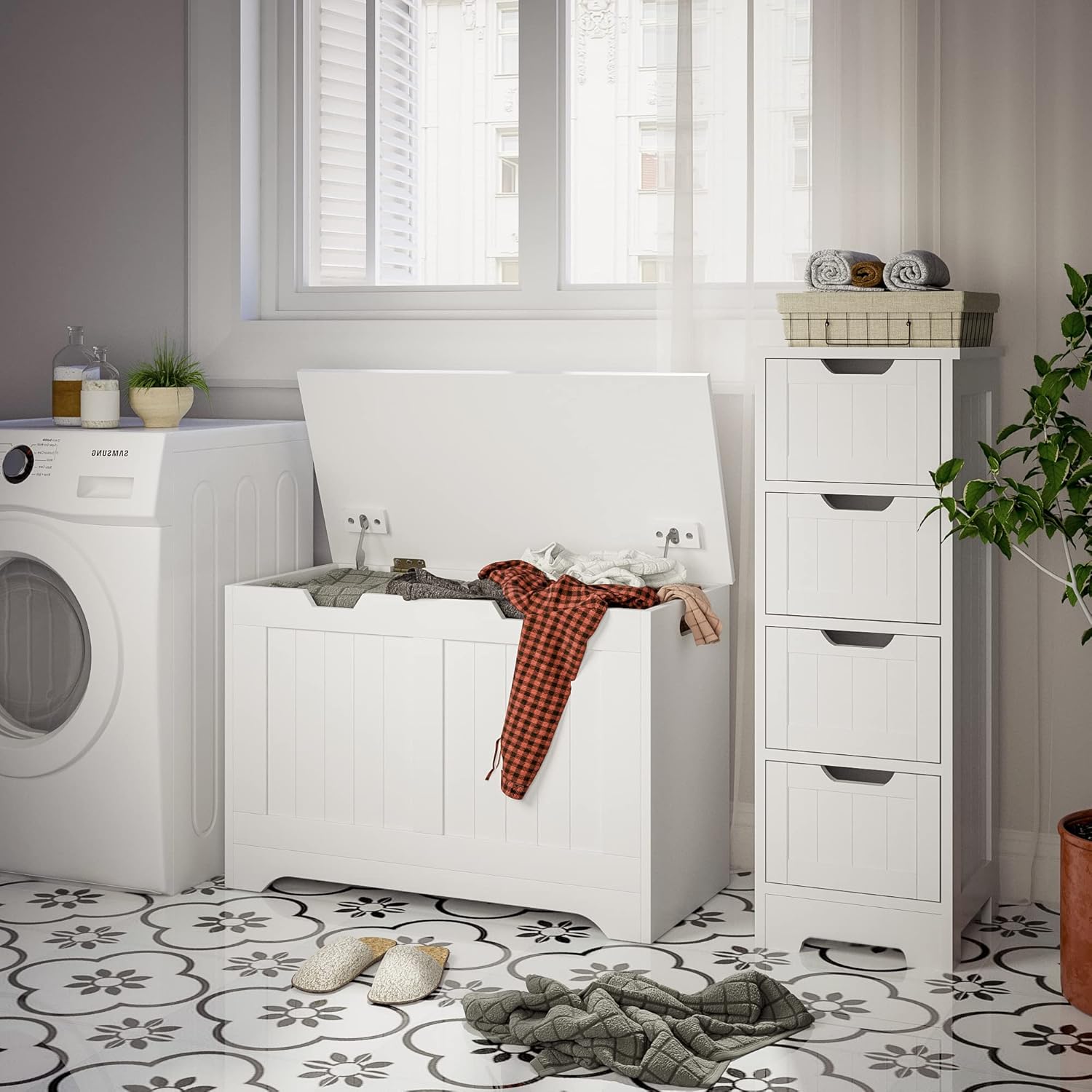 Mondeer Panca Portaoggetti con Coperchio, MDF, Bianco, 72 x 36 x 48 cm - immagine 4