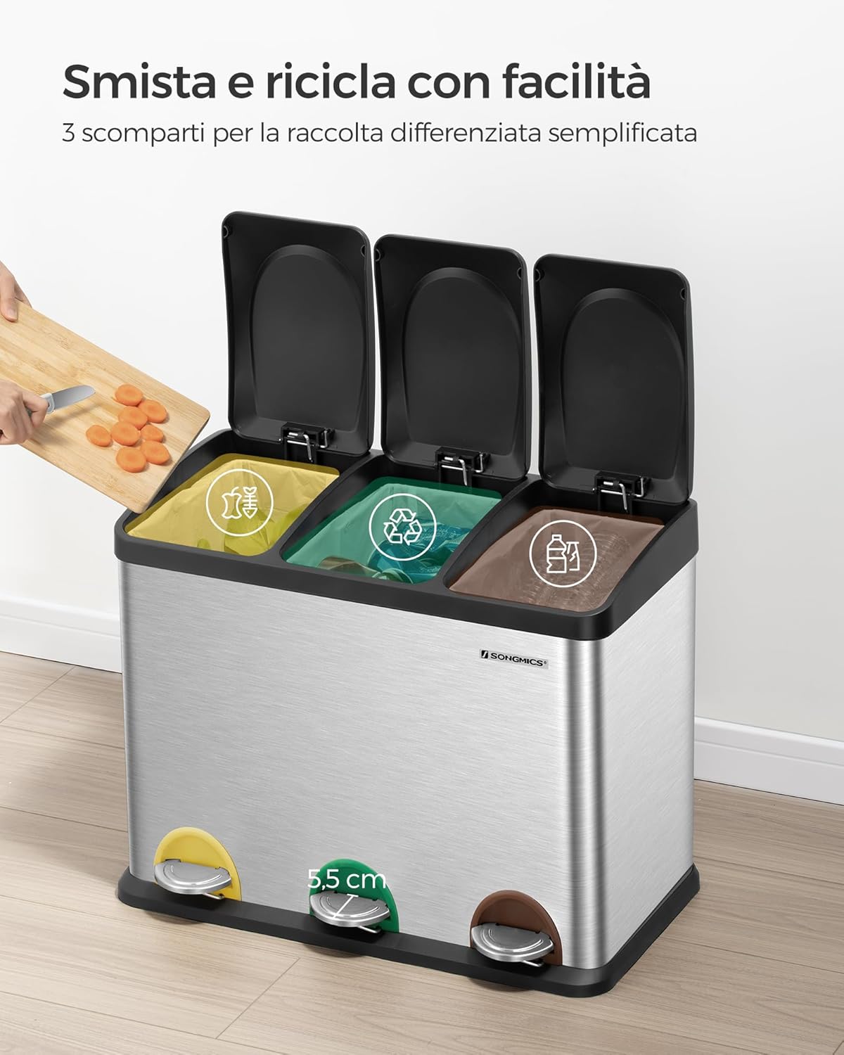 Songmics Cestino da Cucina 45L per Riciclaggio, Argento/Nero - immagine 3