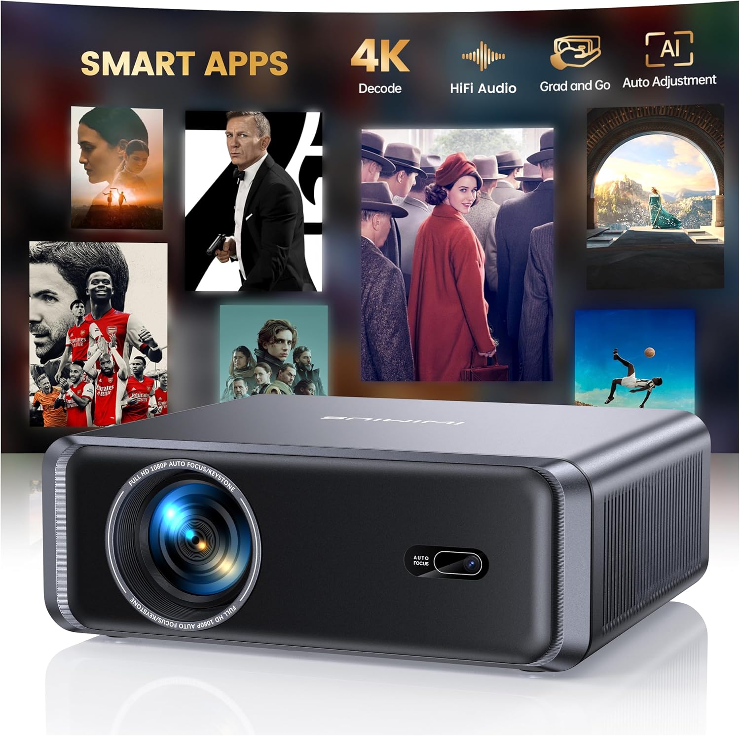 Proiettore 4K 1000ANSI Auto Focus/Keystone, Nero - immagine 1