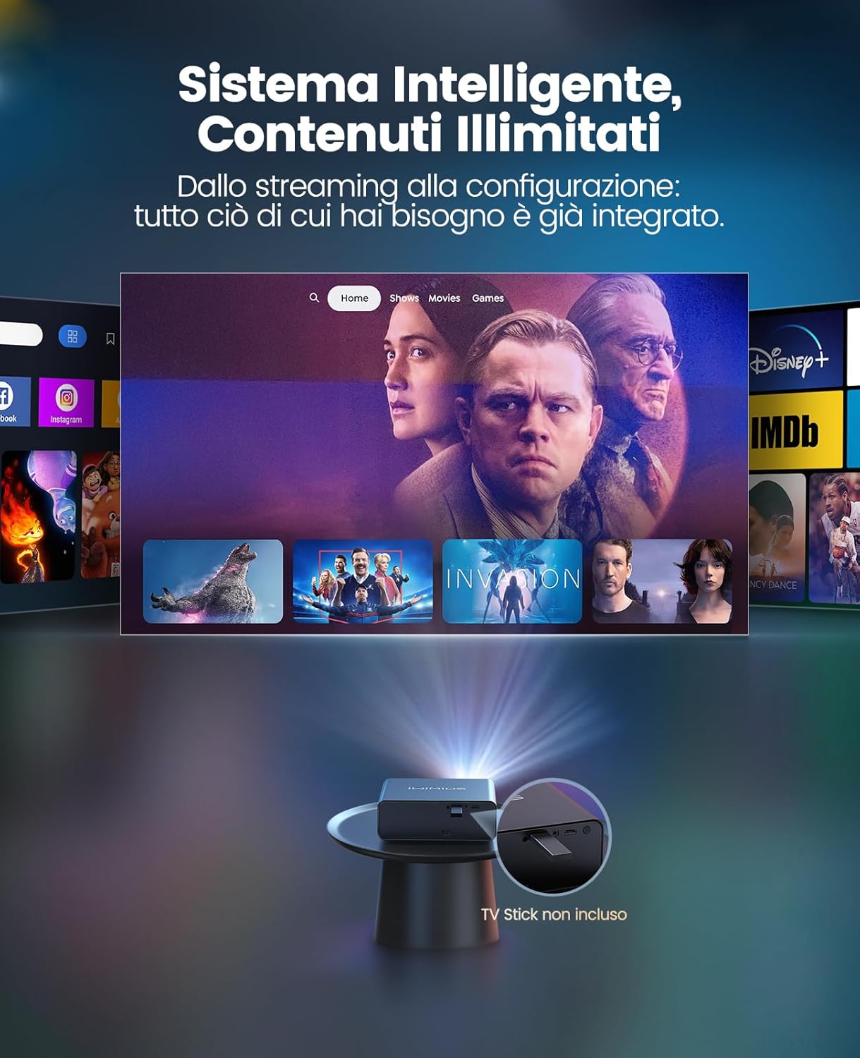 Proiettore 4K 1000ANSI Auto Focus/Keystone, Nero - immagine 3