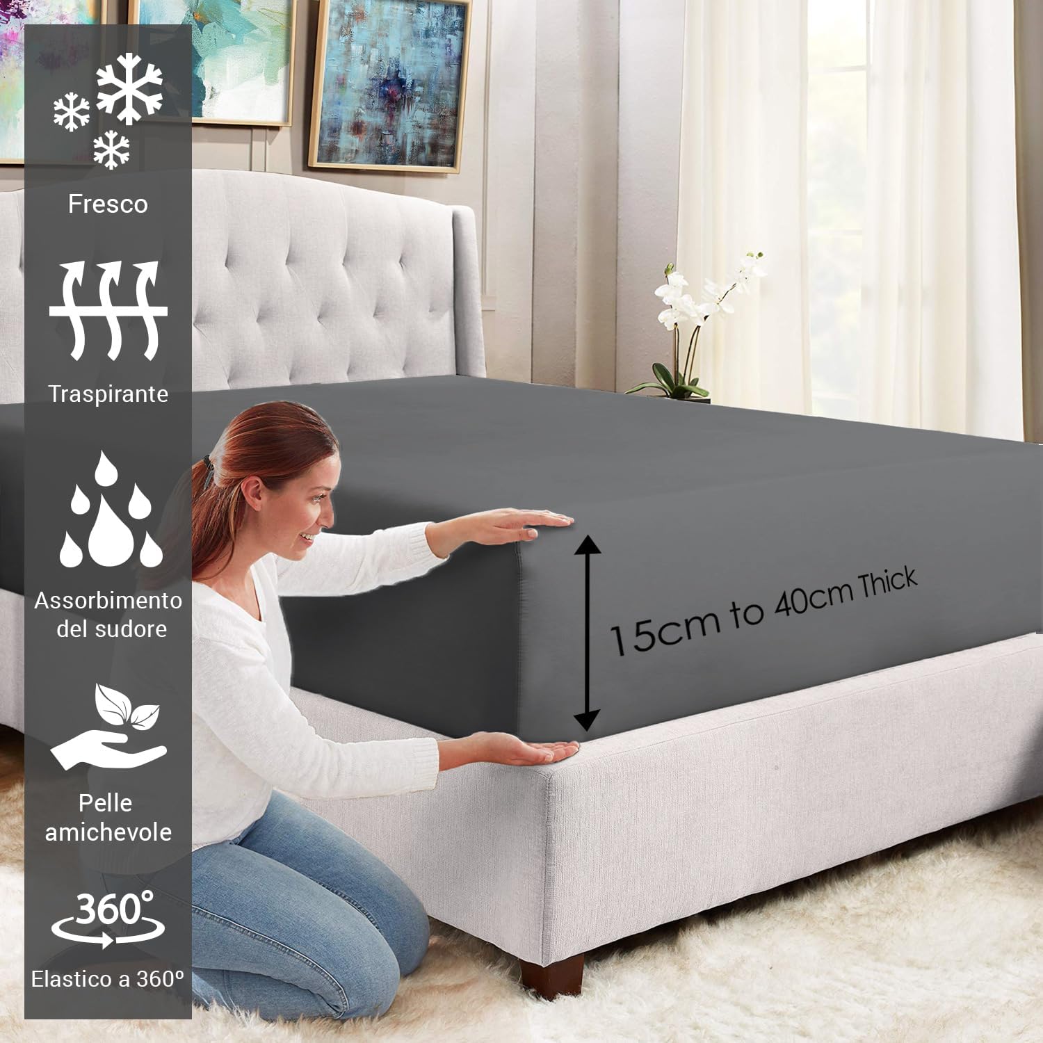 Pizuna Lenzuolo con Angoli in Cotone 120x200cm, Grigio Scuro - immagine 2