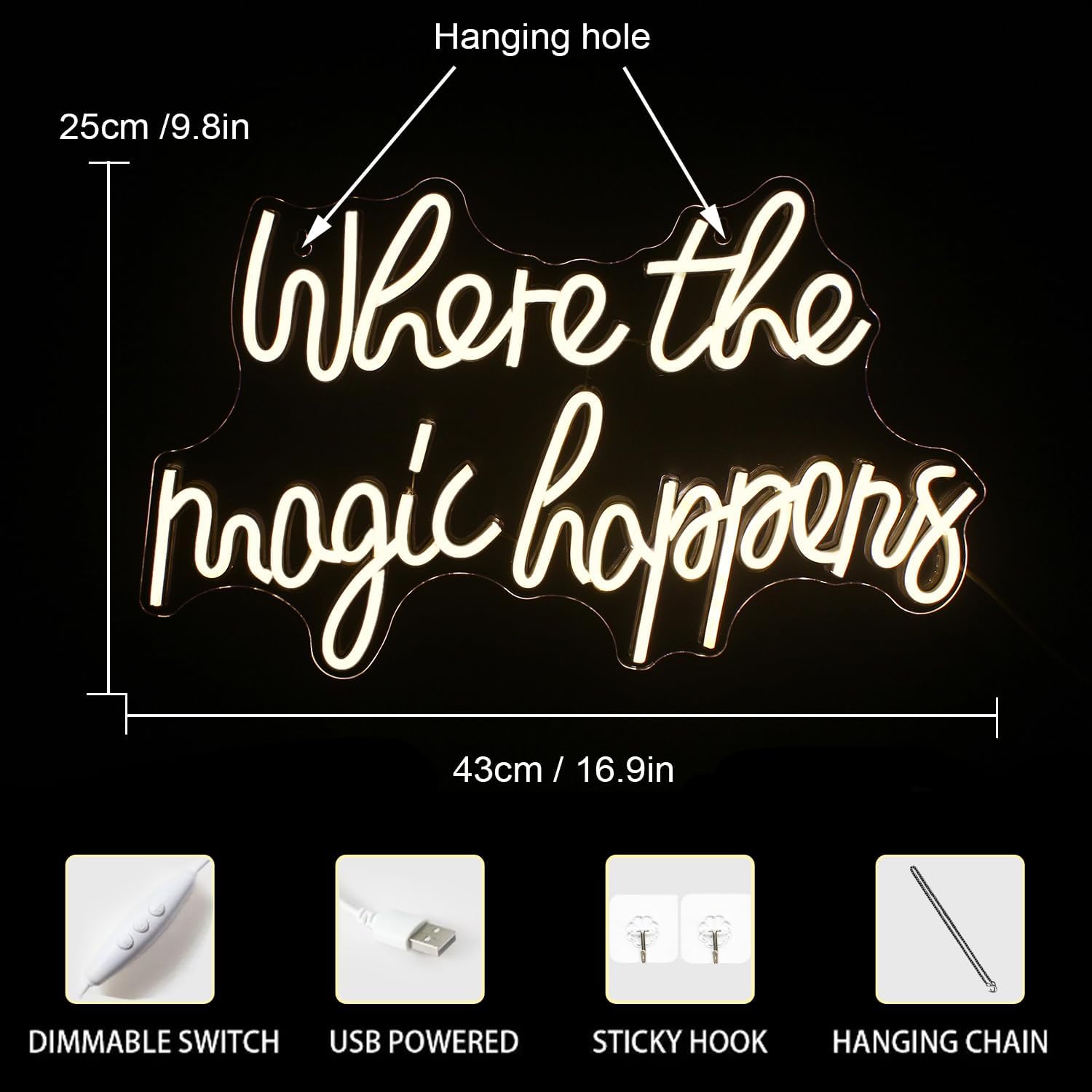 Where The Magic Happens Insegne Neon LED USB, Bianca - immagine 3