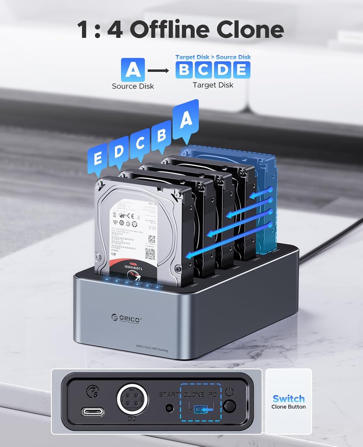 Orico Docking Station USB C Clone Hard Disk 5 Baias - immagine 1