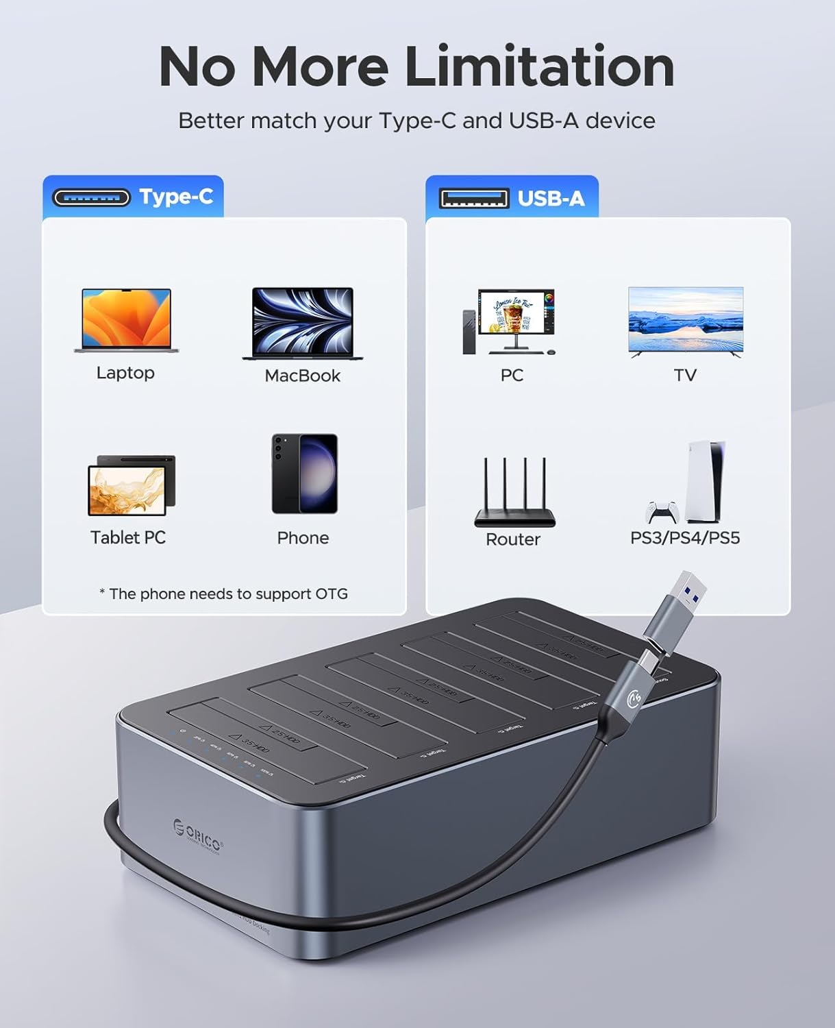 Orico Docking Station USB C Clone Hard Disk 5 Baias - immagine 5