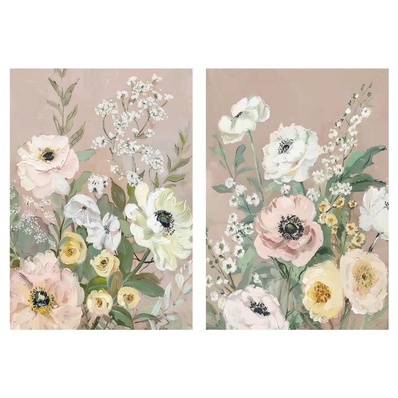 Set di 2 quadri tela naturale con fiori in blu, bianco e beige, 70 x 100 x 3 cm