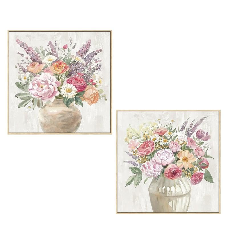 Set 2 Quadri Tela Vasi con Cornice Legno Naturale 60x60cm