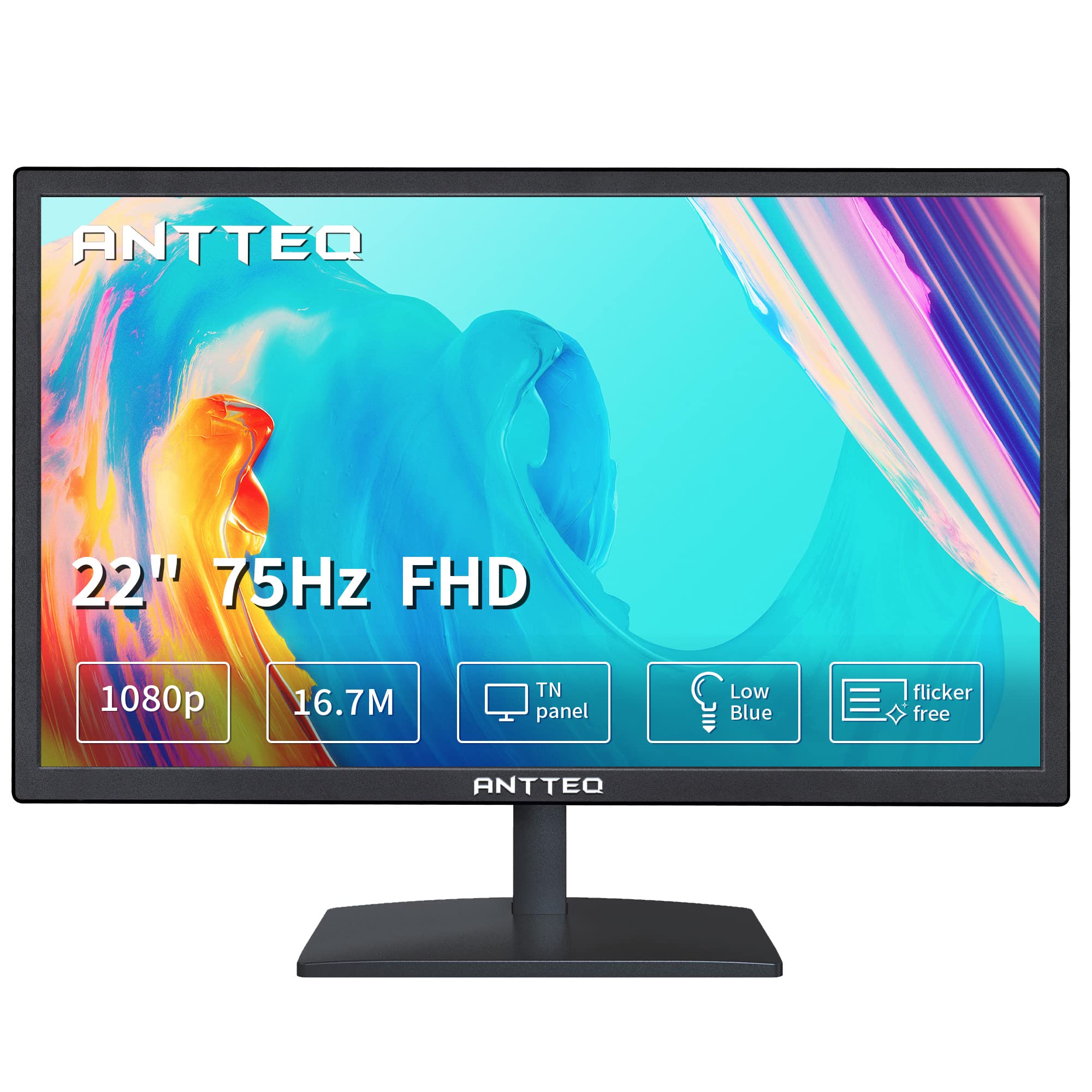 Antteq Monitor Aziendale 22 Pollici FHD 1080p, Nero