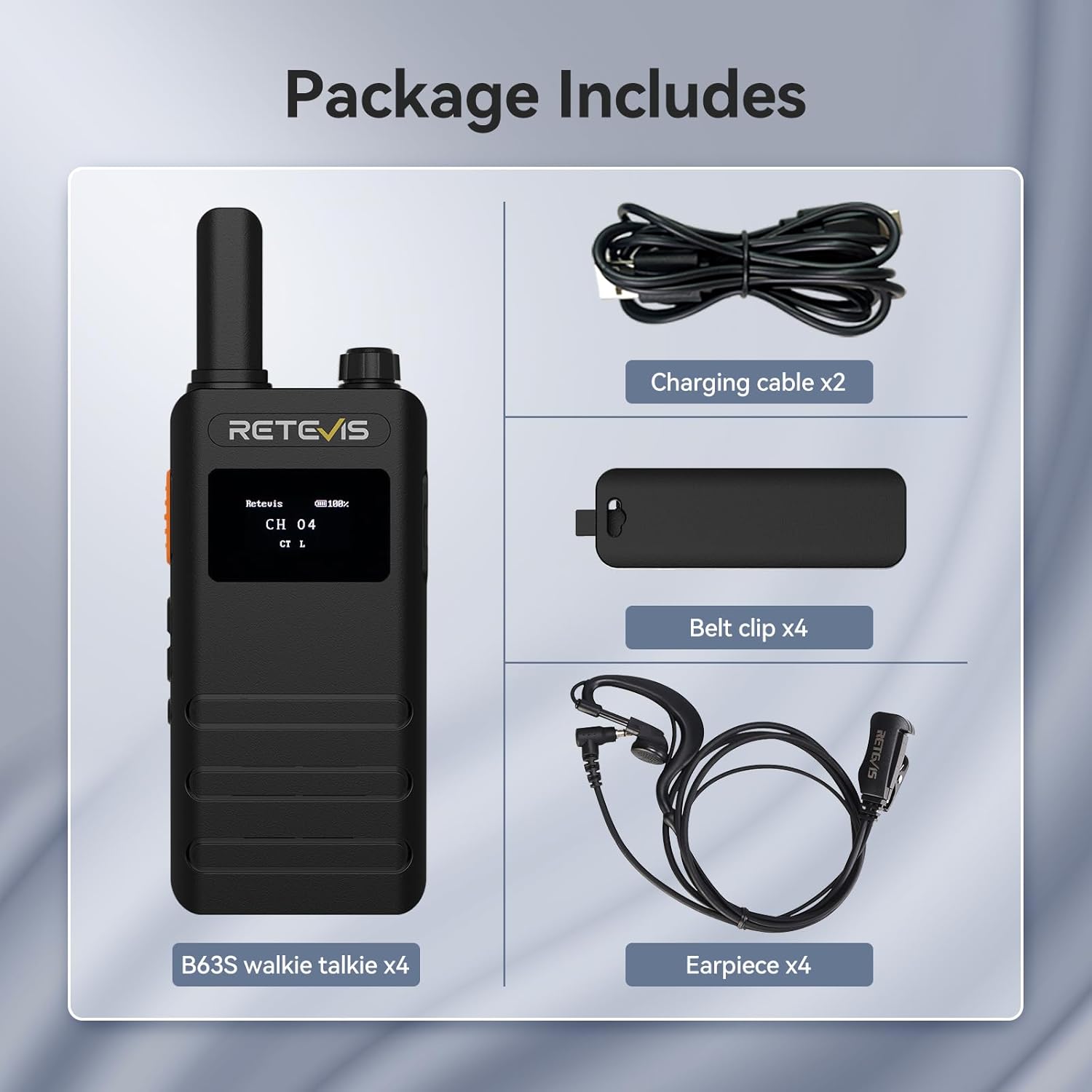 Retevis B63S - Walkie-Talkie PMR446 con Schermo LCD (4 Pezzi, Nero) - immagine 7